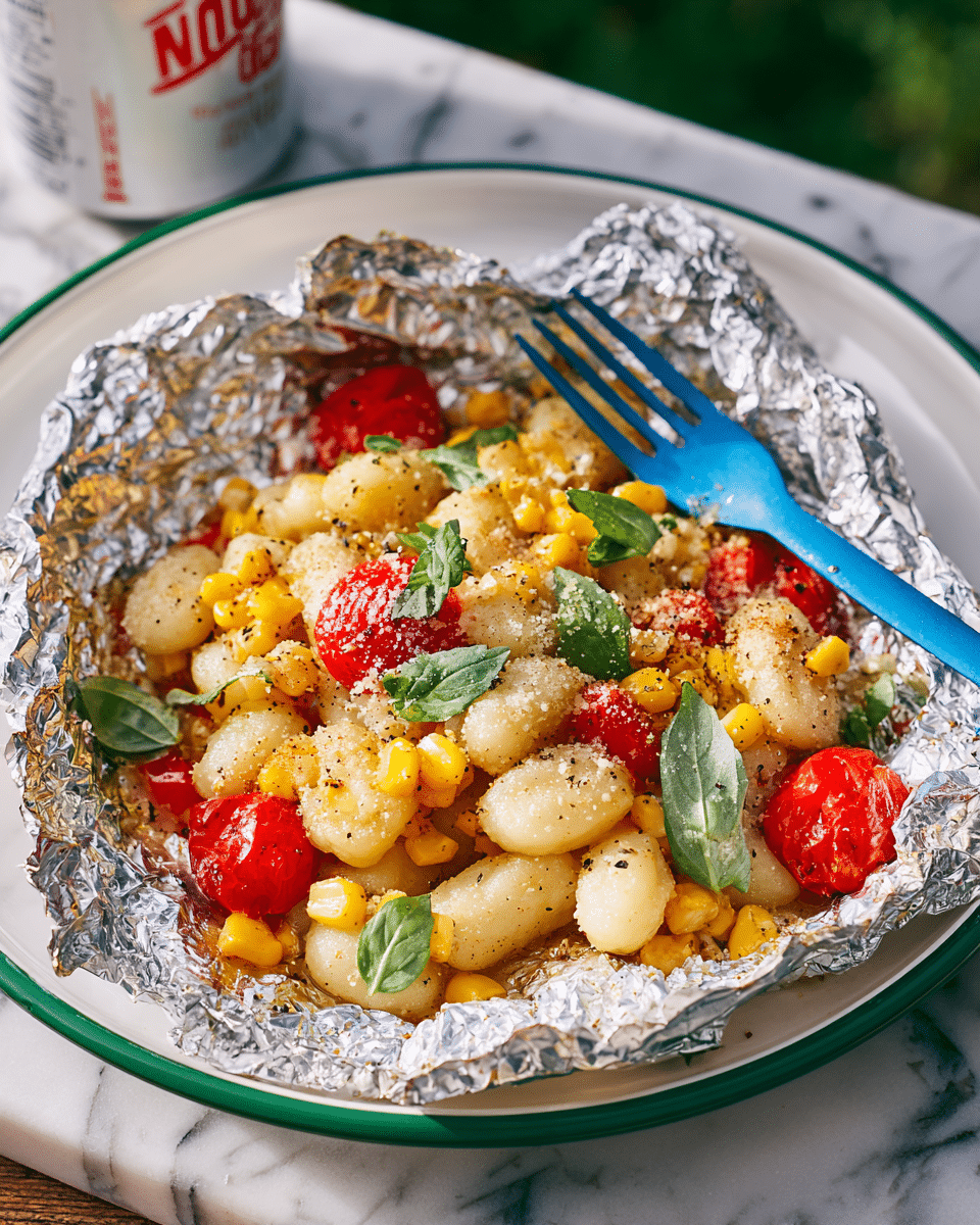 A close-up view of a foil packet filled with a colorful mix of food, placed on a white plate with a green rim on a white marbled texture. Inside the foil, the dish shows one layer of soft white gnocchi pieces, mixed with bright yellow corn kernels and vibrant red cherry tomatoes. The food is sprinkled with a light dusting of grated cheese and decorated with fresh green basil leaves scattered on top. A blue spork is positioned to the right side, resting inside the foil packet. In the background, a blurry white can with red text is partially visible. photo taken with an iphone --ar 4:5 --v 7