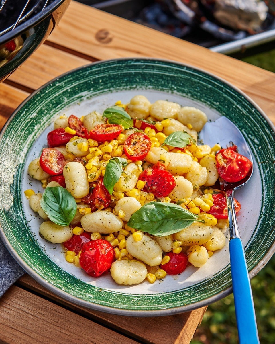 The dish is served on a white round plate featuring a green speckled rim, placed on a wooden surface. It has three main layers: soft, plump gnocchi which are pale beige and roundish, scattered across the plate; bright yellow corn kernels cut from the cob, mixed evenly with the gnocchi; and vibrant red cherry tomatoes sliced in halves or left whole, spread around. Fresh green basil leaves are placed on top as garnish, adding contrast. A blue spork rests on the right side of the plate, with a small piece of tomato and corn on it. The background has hints of outdoor items like a grill. Photo taken with an iphone --ar 4:5 --v 7