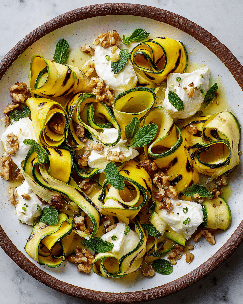 A large round white plate with a brown edge holds several wide, curled ribbons of grilled zucchini and yellow squash arranged loosely across the plate in overlapping layers. The grilled vegetable ribbons show dark char marks and a shiny, soft texture. On top and between the ribbons are dollops of soft white cheese, each garnish with fresh green mint leaves and a light sprinkle of caraway seeds. Scattered around are pieces of brown walnuts and small bits of lemon zest adding texture and color. The plate sits on a white marbled surface, creating a fresh and vibrant look. Photo taken with an iphone --ar 4:5 --v 7