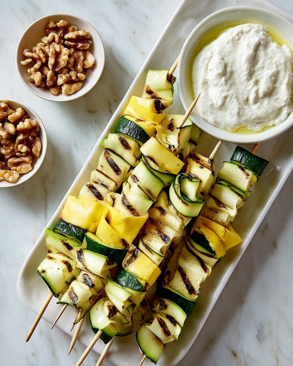 The image shows a white rectangular plate filled with grilled vegetable skewers made from thin, folded ribbons of green zucchini and yellow squash with clear dark grill marks in diagonal lines. Each skewer holds several layers of these green and yellow ribbons placed alternately, creating a textured mix of smooth and slightly charred surfaces. On the right side of the plate, there is a white bowl filled with a creamy, thick white dip, and at the bottom left corner, another white bowl holds walnut pieces soaked in oil. The setup is on a white marbled surface, enhancing the fresh and light feel of the dish. Photo taken with an iphone --ar 4:5 --v 7