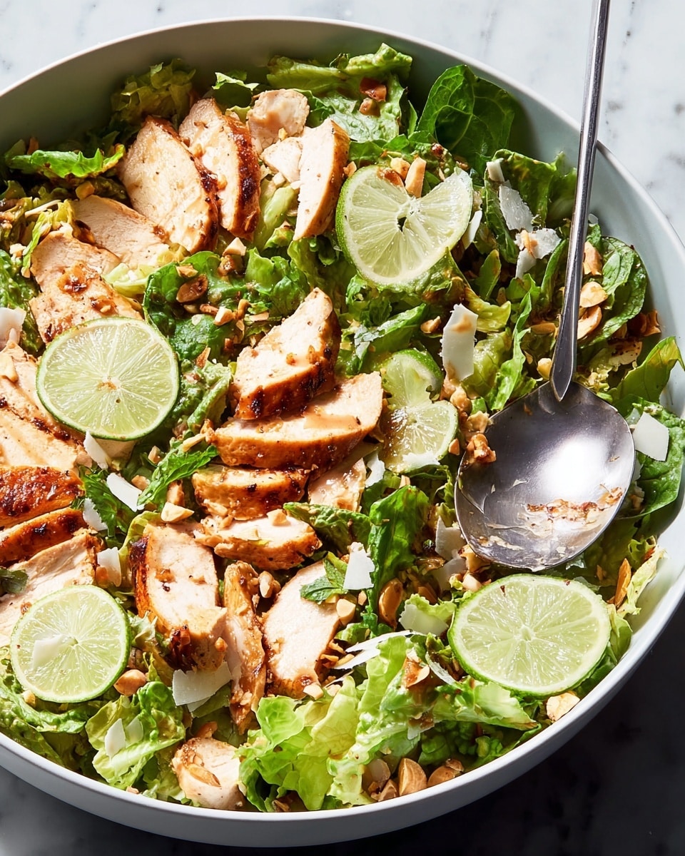 The image shows a large white bowl filled with a fresh salad. The salad has several layers, starting with a base of mixed green lettuce leaves. On top of the lettuce, there are thick, light brown slices of grilled chicken breast spread evenly around the bowl. Thin lime slices with bright green edges and a pale green inside are scattered throughout, adding a fresh look. The salad is sprinkled with small pieces of chopped nuts and white coconut flakes for a crunchy texture. A silver spoon is placed inside the bowl, gently lifting some salad from the bottom. The bowl is set on a white marbled surface, adding a clean and bright background to the colorful dish. photo taken with an iphone --ar 4:5 --v 7