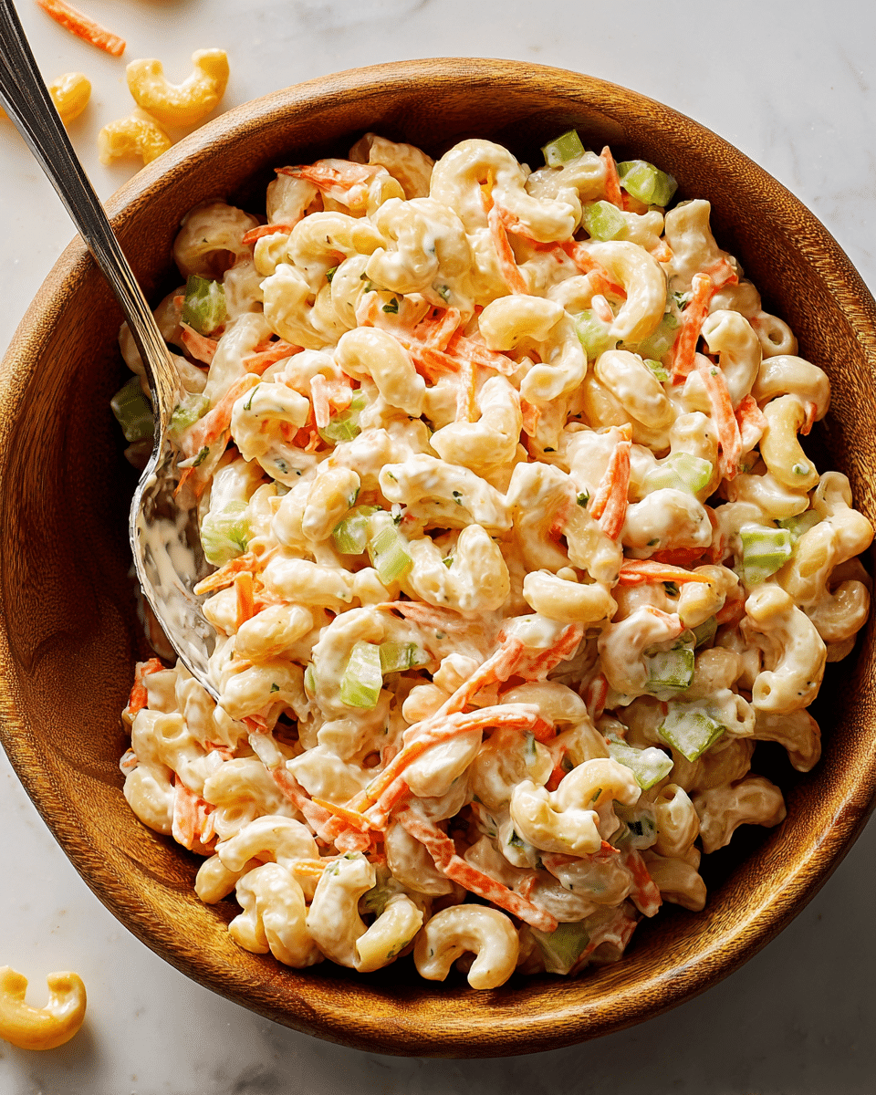 A wooden bowl filled with creamy macaroni salad that has three visible layers: the first layer is the short, pale yellow elbow macaroni coated in a shiny, white creamy dressing; the second layer includes thin, bright orange carrot sticks mixed evenly throughout; the third layer shows small light green celery pieces giving a fresh crunch, all mixed together and slightly glossy from the dressing. A silver spoon is partly sunk into the salad on the left side of the bowl. The bowl sits on a white marbled surface with some scattered macaroni pieces and carrot sticks around it. photo taken with an iphone --ar 4:5 --v 7