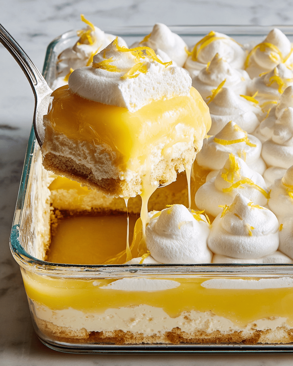 A close-up view of a layered dessert in a clear rectangular glass dish on a white marbled surface, showing three main layers: the bottom layer is light brown and cake-like, the middle layer is a thick, glossy, bright yellow lemon filling, and the top layer is made of white whipped dollops arranged in neat rows, lightly garnished with thin yellow lemon zest strips; a spoon lifts a portion of the dessert, revealing the soft texture and layers dripping slightly. photo taken with an iphone --ar 4:5 --v 7