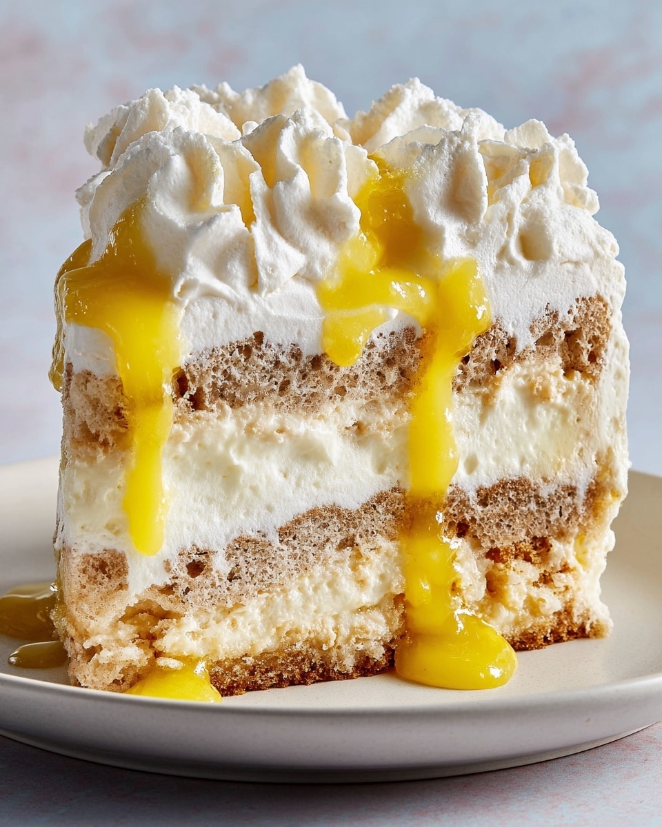 The image shows a slice of creamy layered cake on a white plate against a white marbled texture background. The cake has three layers: the bottom and middle layers are light brown and spongy with visible air holes, separated by a thick, smooth white cream layer in the middle. The top layer is a generous spread of fluffy white whipped cream with large dollops creating peaks. Bright yellow sauce drips down the sides and between the layers, adding a glossy texture to the cake. Photo taken with an iphone --ar 4:5 --v 7