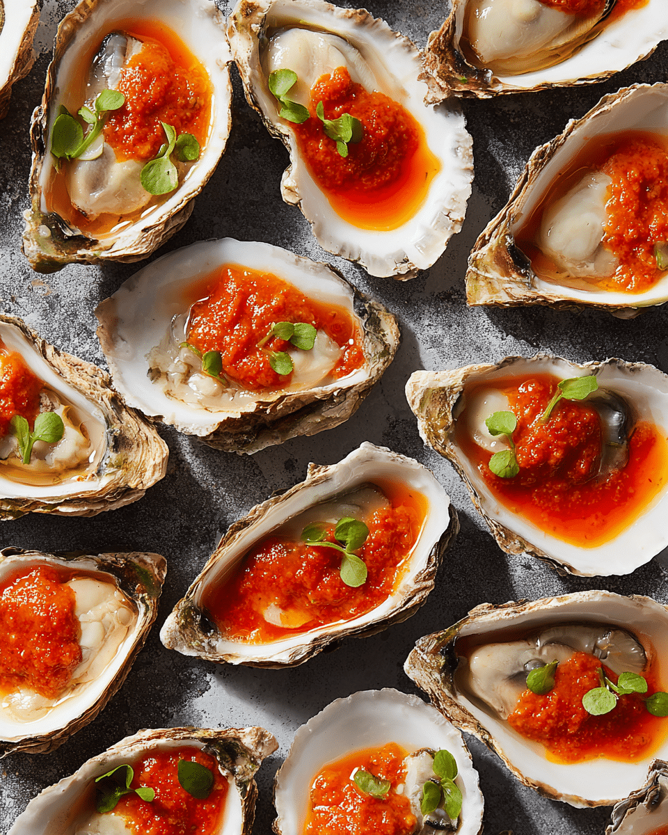 Many opened oyster shells are placed closely on a dark grey surface replaced by a white marbled texture, each shell showing one oyster inside. The oysters have a smooth, shiny light beige body with soft edges and are laid flat inside the white, rough-edged shells, which have brown and black accents on the outer sides. Each oyster is topped with a vibrant red-orange sauce layer that looks thick and slightly chunky, and there are small bright green herb leaves gently set on top of some oysters. Small pools and splashes of the red-orange sauce are visible around the oysters on the shells, adding a fresh and juicy look. photo taken with an iphone --ar 4:5 --v 7