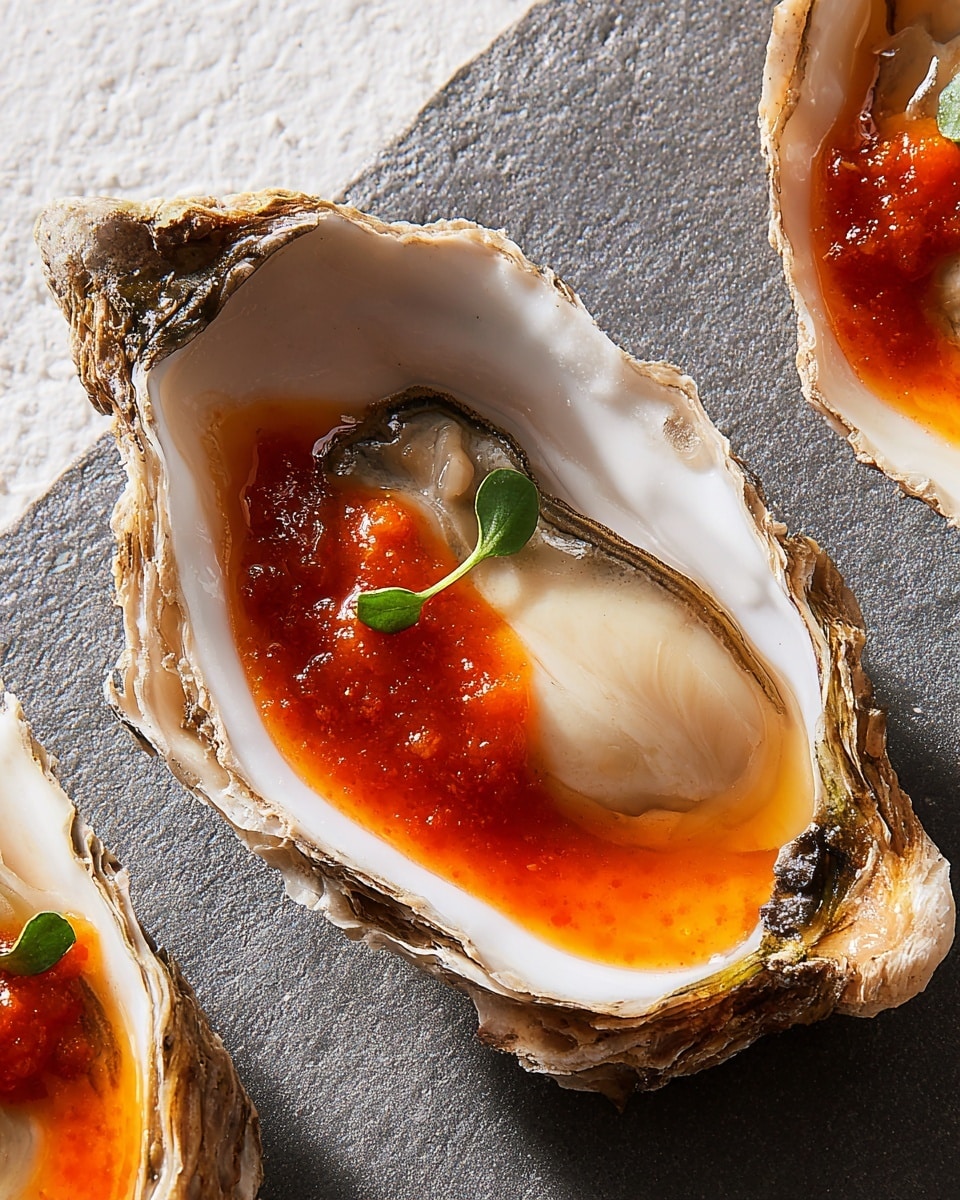 The image shows a close-up of a single oyster in a rough textured shell with light brown and beige edges, resting on a dark grey surface. The oyster meat is smooth, pale beige with a shiny finish, positioned in the center of the shell. On one side of the oyster, there is a bright red-orange sauce with a slightly chunky texture, pooling around the meat and adding vibrant color. A small green herb leaf sits on the sauce near the top left of the oyster, offering a fresh contrast. Parts of two more oysters with the same sauce and herb garnish are partially visible on the edges of the image. The background is changed to a white marbled texture. photo taken with an iphone --ar 4:5 --v 7
