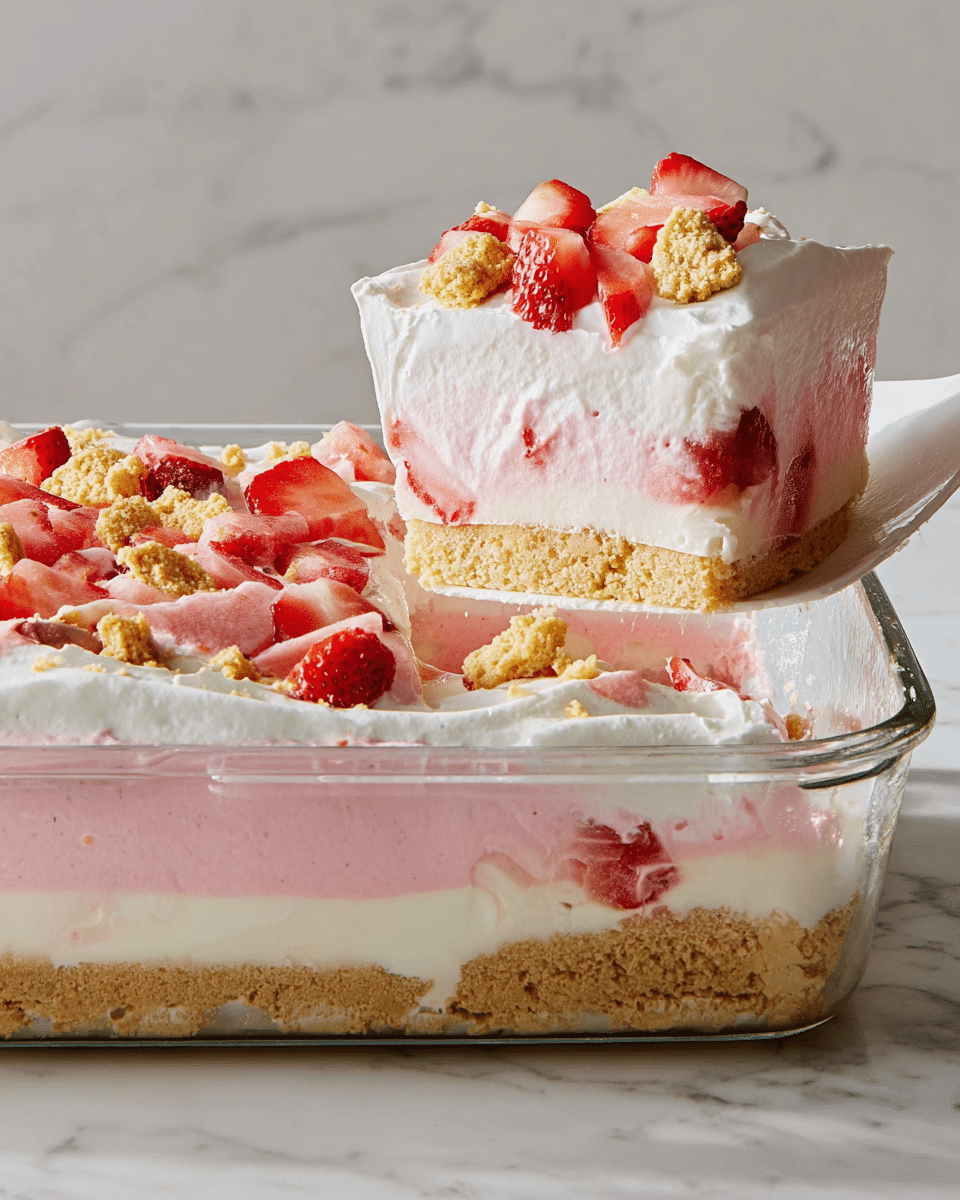 A dessert with four clear layers inside a clear glass dish is shown. The bottom layer is a golden brown crumbly crust. Above it is a thick, creamy white layer. The third layer is a soft pink mousse with a smooth texture. The top layer is white whipped cream spread thickly, decorated with chopped red and pink strawberries and golden cookie pieces. A white spatula holds a slice showing the layers clearly. The background is a white marbled texture. photo taken with an iphone --ar 4:5 --v 7