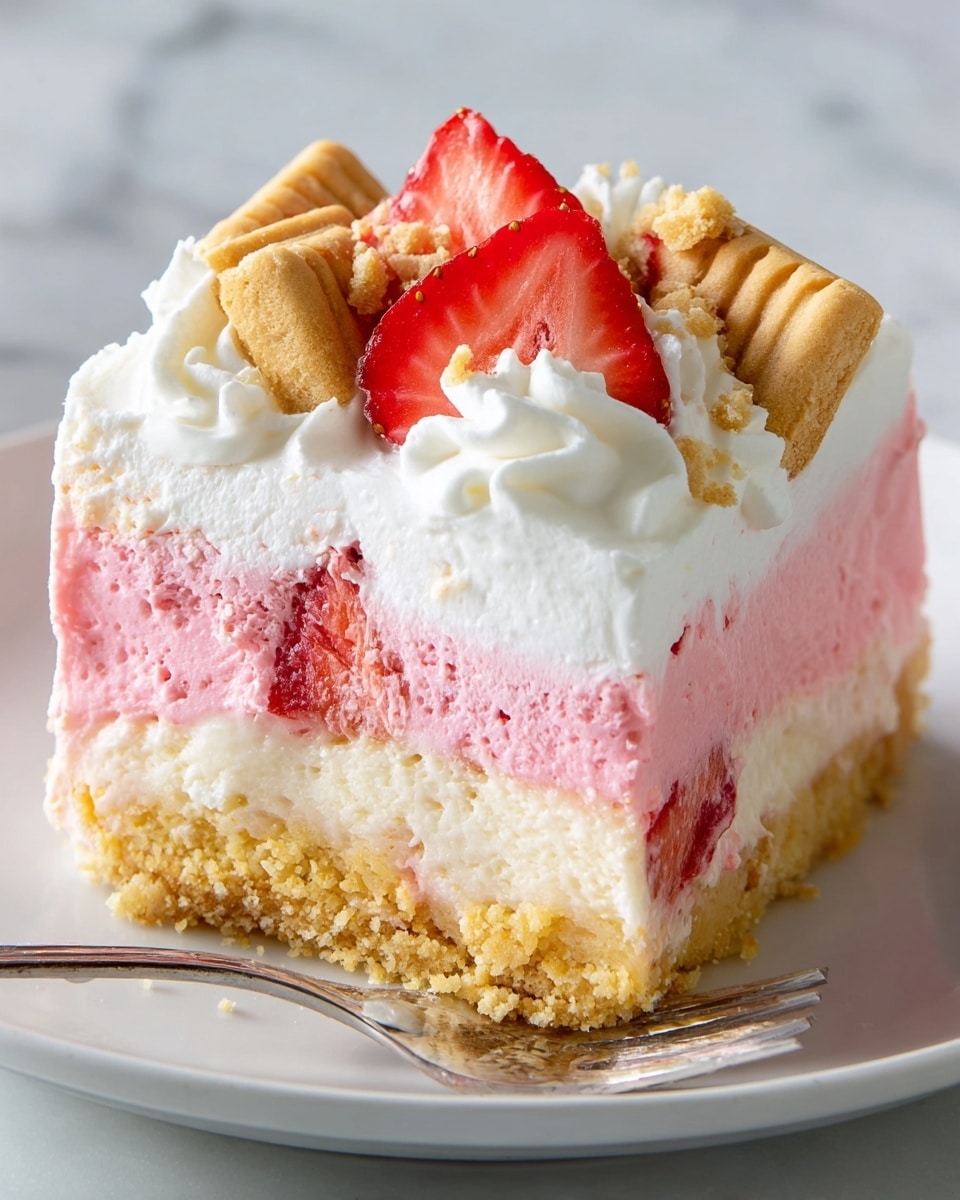 A slice of creamy layered dessert sitting on a white plate with a white marbled background. The bottom layer is a light golden crumbly crust. Above it is a thick white creamy layer, followed by a bright pink creamy layer in the middle. The top layer is white whipped cream, decorated with pieces of sliced red strawberries and small light golden cookies. A silver fork is partially inserted into the slice, pressing gently on the layers. Photo taken with an iphone --ar 4:5 --v 7