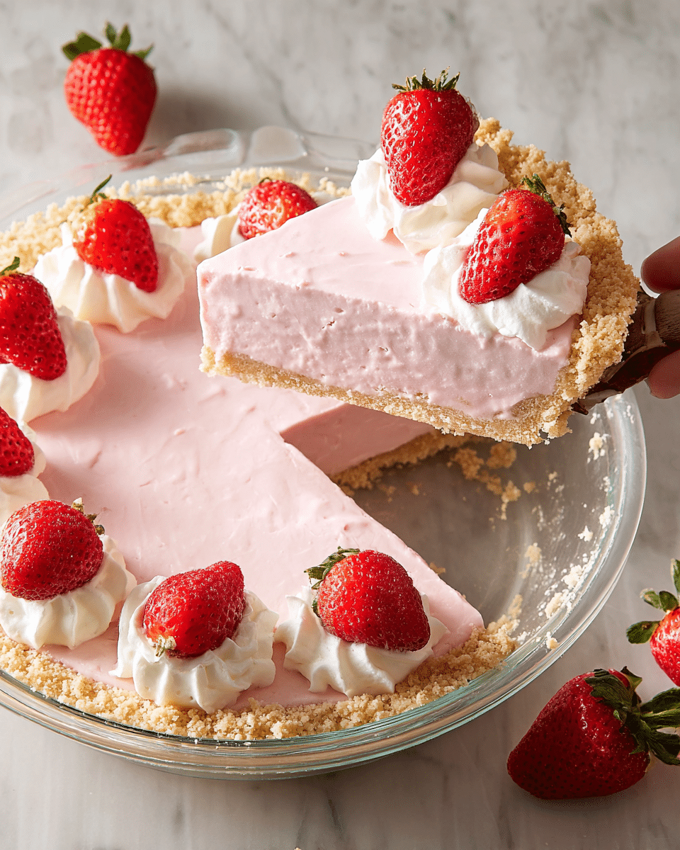 A slice of pink strawberry pie is being lifted from a clear pie dish placed on a white marbled surface. The pie has three visible layers: the bottom layer is a light beige crumb crust with a rough texture, the middle layer is a smooth light pink strawberry filling, and the top layer consists of white whipped cream dollops, each topped with a halved bright red strawberry with green leaves. Whole strawberries are placed beside the pie dish on the white marbled surface. photo taken with an iphone --ar 4:5 --v 7
