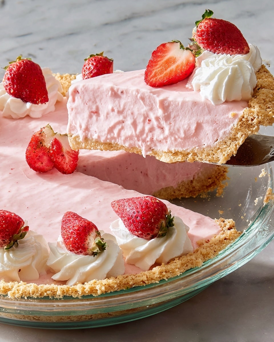 The image shows a glass pie dish with a crumbly light brown crust filled with a thick, smooth pink strawberry filling. On top of the pie, there are evenly spaced swirls of white whipped cream, each topped with a half of a bright red strawberry with visible seeds and green leaves. A slice of the pie is lifted by a metal pie server, revealing the creamy and slightly textured pink filling inside, bordered by the crumbly crust. The pie is set on a white marbled surface. Photo taken with an iphone --ar 4:5 --v 7