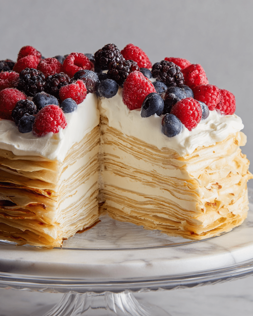 A tall stack of thin crepe layers, around 15, each light golden brown with a soft texture separated by creamy, white frosting layers; atop the stack is a generous layer of smooth white cream spread unevenly with fresh berries scattered on top, including bright red raspberries, deep black blackberries, and dark blue blueberries; a slice is lifted, showing the crepe layers and soft cream inside, all placed on a clear glass cake stand set on a white marbled surface with a plain light gray background, photo taken with an iphone --ar 4:5 --v 7