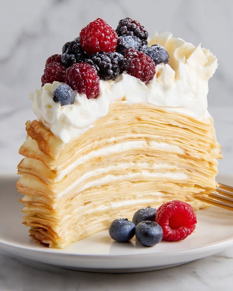 A slice of crepe cake with about twelve thin, golden-yellow crepe layers stacked with white cream in between each layer. The top of the cake has a thick layer of white cream, decorated with fresh berries including blackberries, blueberries, and red raspberries. More blueberries and a raspberry sit on the white plate next to the cake. The background is a white marbled texture. Photo taken with an iphone --ar 4:5 --v 7