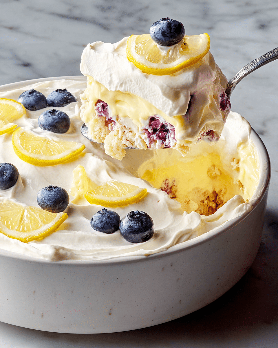A large white bowl filled with a creamy dessert made of multiple layers is shown. The bottom layer is light and crumbly with a golden-brown color mixed with small purple berry spots. Above that, there is a thick creamy yellow custard layer, topped by a smooth white whipped cream layer. The dessert is decorated with round, deep-blue blueberries and thin bright yellow lemon slices placed evenly on top. A piece of the dessert has been spooned out and is held up by a silver spoon, showing all the layers clearly. The background and surface are a white marbled texture. Photo taken with an iphone --ar 4:5 --v 7