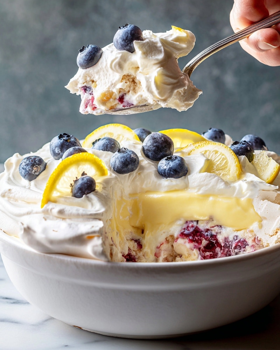 The dessert shown is a layered lemon berry pavlova in a white bowl with a white marbled surface underneath. The top layer is soft white whipped cream, decorated with fresh blueberries and thin, curved yellow lemon slices scattered evenly. Below the whipped cream is a smooth pale yellow lemon curd layer, visible through the spoon lifting a piece of the dessert. The next layer is a crumbly, light beige meringue mixed with bits of bright red berry filling, creating a textured look with white cream patches. A woman's hand is holding a spoonful of the dessert, showing the mix of all these layers clearly. Photo taken with an iphone --ar 4:5 --v 7