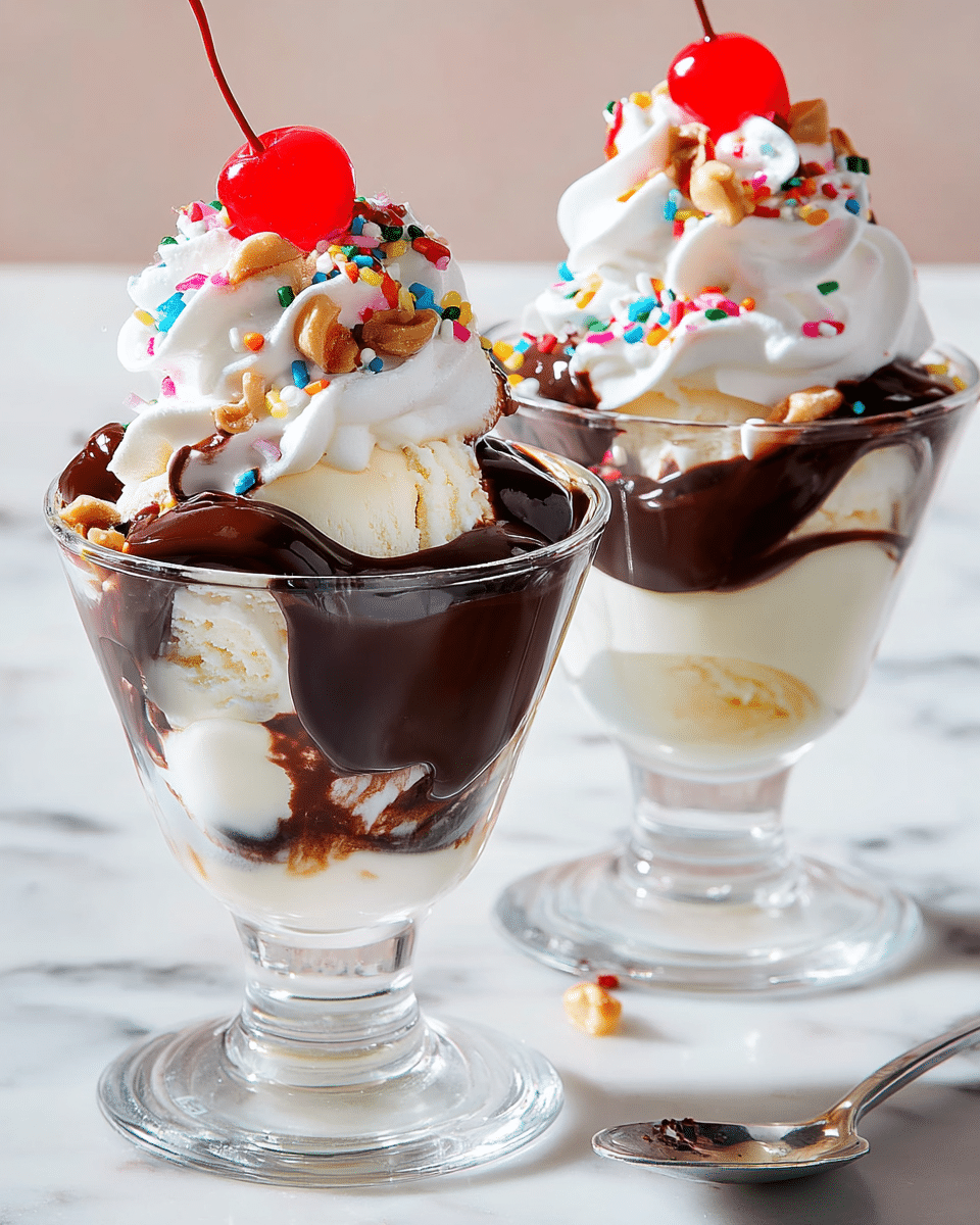 Two white glass dessert cups are filled with three visible layers: a bottom creamy vanilla ice cream layer with a smooth texture, a thick dark chocolate sauce layer swirling around the cup sides in the middle, and topped with a generous swirl of white whipped cream. The whipped cream is sprinkled with colorful candy sprinkles and chopped peanuts, crowned with a bright red cherry on top. The cups sit on a white marbled surface with soft natural light highlighting the glossy textures of the chocolate and cherries. Photo taken with an iphone --ar 4:5 --v 7