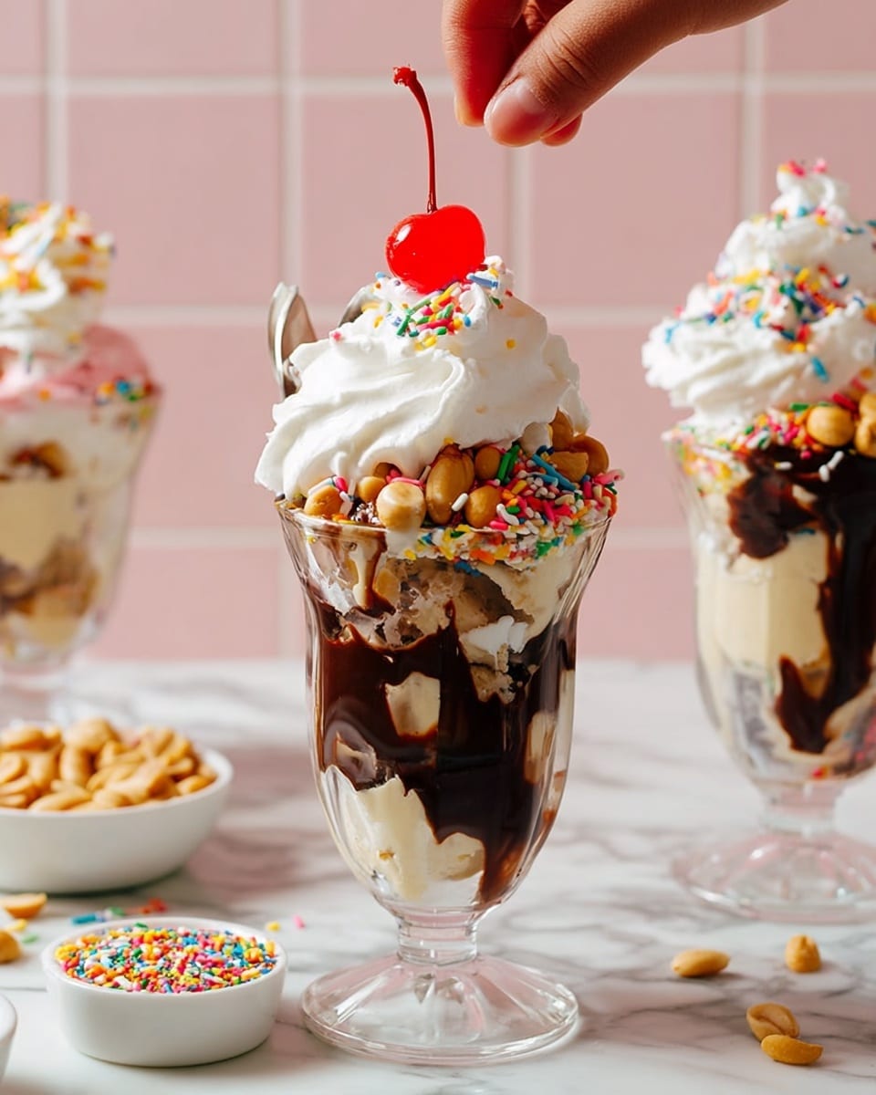 A clear glass holds a layered ice cream sundae on a white marbled surface, with a woman's hand placing a red cherry on top. The bottom layer is smooth, creamy vanilla ice cream with a rich dark chocolate sauce swirled on one side. Above that, there is a layer of whole peanuts and colorful rainbow sprinkles scattered on and around the nuts. A generous swirl of white whipped cream sits on top, also decorated with sprinkles. In the background are two more similar sundaes and small white bowls filled with more sprinkles and peanuts, all on a white marbled surface with a soft pink tiled wall behind. photo taken with an iphone --ar 4:5 --v 7