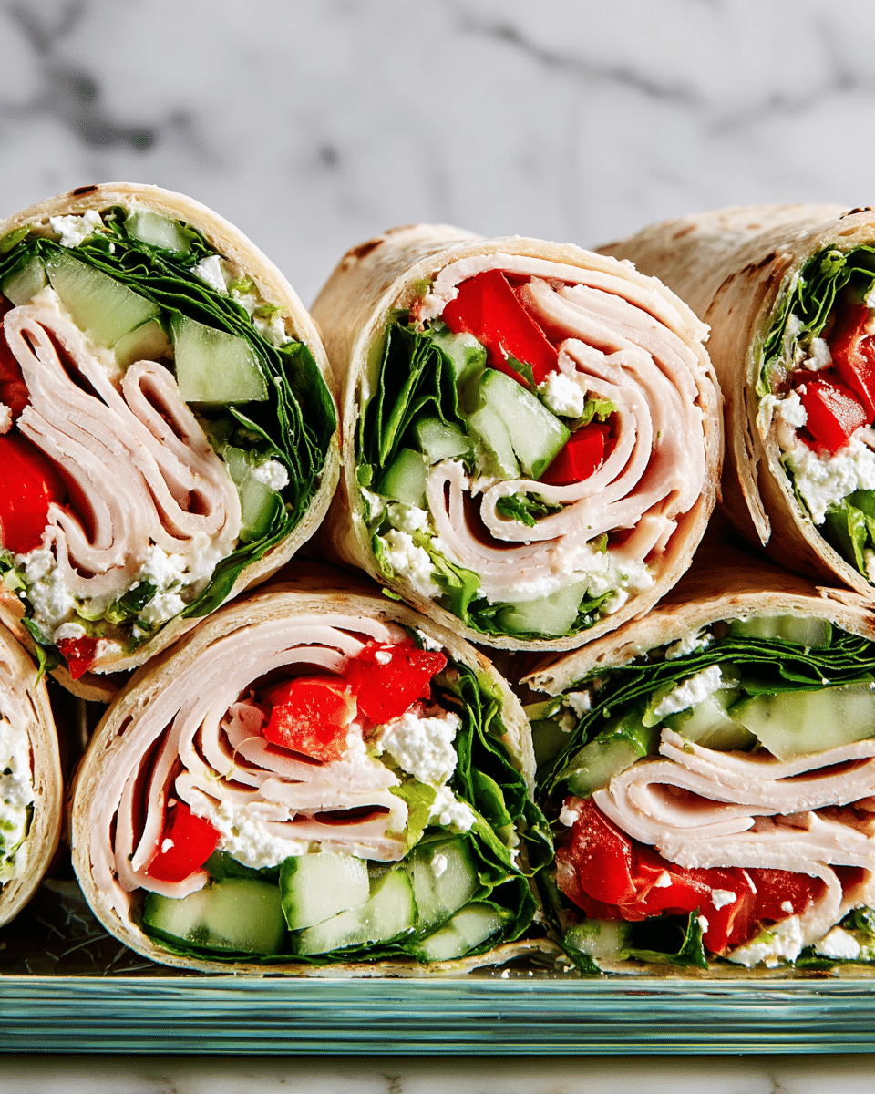 Close-up of several wraps cut in half, each showing layers starting with a light beige tortilla on the outside, followed by thin, pale pink slices of turkey meat folded in multiple layers, then fresh green leafy spinach, chopped green cucumber pieces, bright red strips of red pepper, and white crumbled cheese spread partly inside. The wraps are arranged on a clear glass tray with a white marbled background visible beneath. Photo taken with an iphone --ar 4:5 --v 7