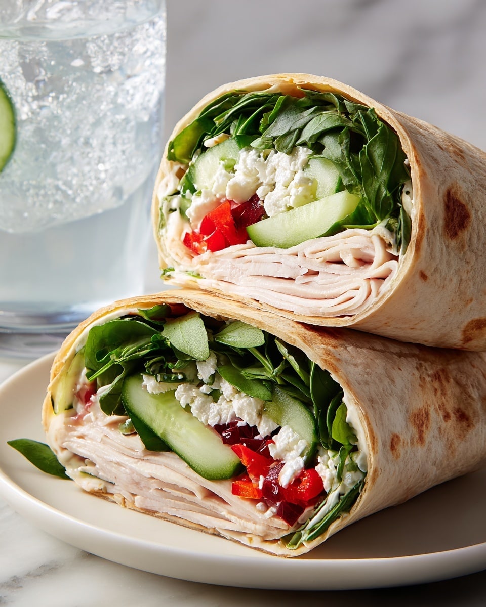 The image shows two wrap halves stacked on a white plate over a white marbled surface. The wrap has a soft, lightly toasted outer layer. The first layer inside is thinly sliced light beige deli turkey, folded easily. Above the turkey is a white creamy spread, likely cottage cheese, with a soft, crumbly texture. Next is a colorful layer of small red pepper pieces adding a bright contrast. Above the peppers are thick slices of fresh green cucumber with a firm, moist texture. At the top is a large layer of leafy dark green spinach mixed with herbs, adding volume and freshness. In the background, there is a clear glass of iced water with visible ice cubes. Photo taken with an iphone --ar 4:5 --v 7