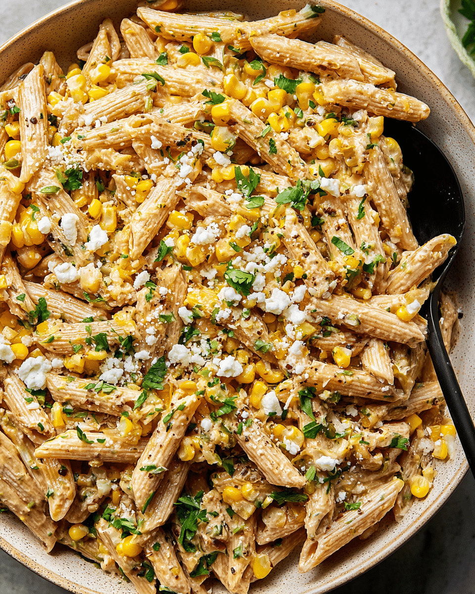 A close-up of a large white bowl filled with creamy penne pasta mixed with golden roasted corn kernels and sprinkled with green chopped herbs and white crumbled cheese, showing layers of sauce coating the ridged pasta tubes and scattered bright corn, all resting on a white marbled surface with a black spoon partially visible at the edge, photo taken with an iphone --ar 4:5 --v 7