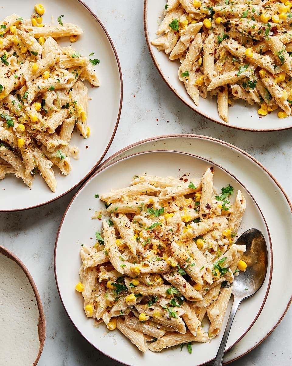 Three white plates with a thin brown rim are filled with creamy penne pasta mixed with small yellow corn pieces and bits of green herbs scattered on top. The pasta looks slightly saucy with a light dusting of cheese and some spices that add texture and color. One plate on the right has a silver spoon resting on its edge. The plates sit on a white marbled surface, and the overall look is fresh and inviting with a mix of light yellow, green, and soft brown tones. photo taken with an iphone --ar 4:5 --v 7