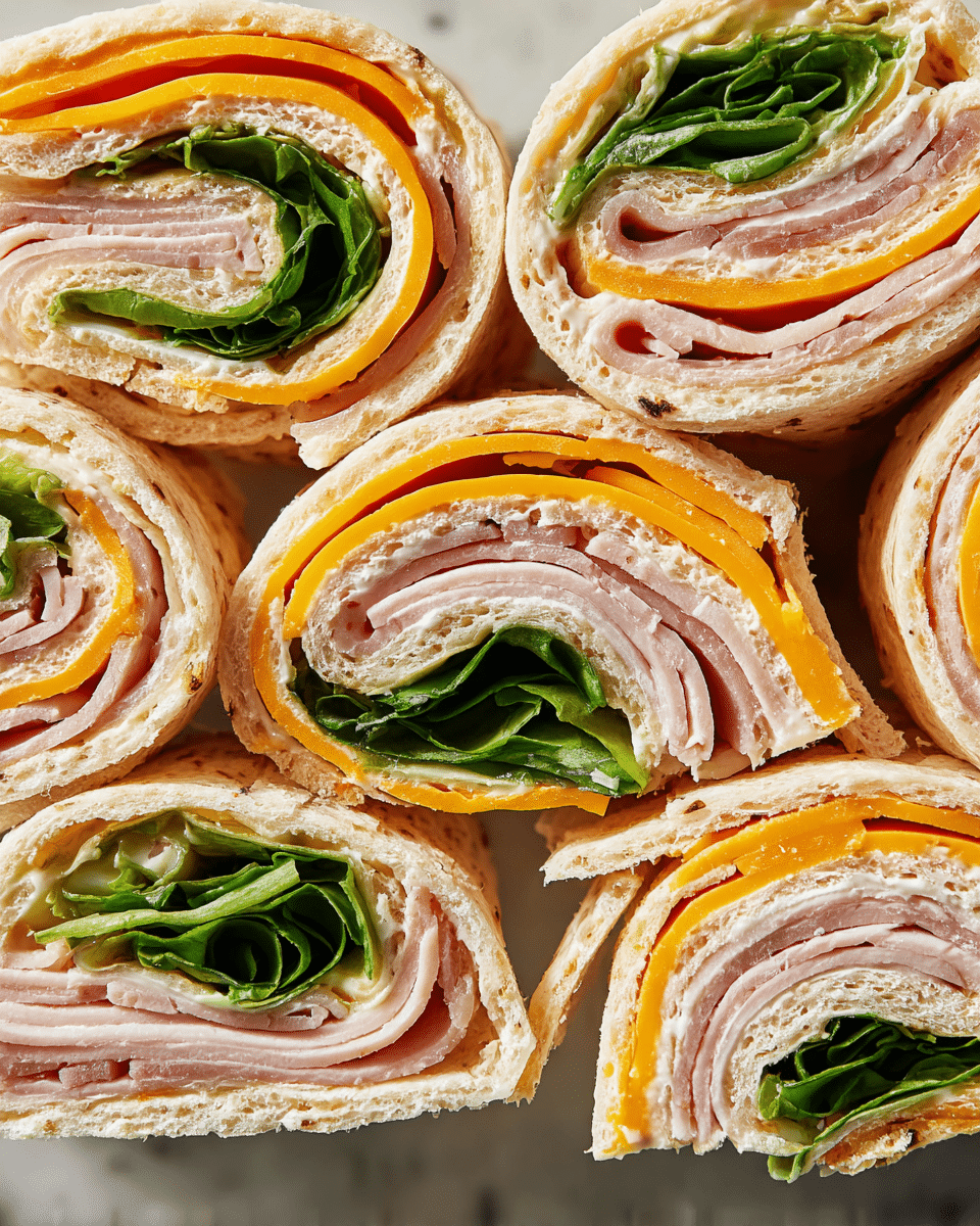 Close-up view of several pinwheel sandwiches arranged tightly together on a white marbled surface, each featuring five visible layers: a soft, light beige tortilla wrap on the outside, a thin layer of bright orange cheddar cheese just inside the wrap, followed by a pale pink sliced turkey, a creamy white spread, and a layer of fresh dark green spinach leaves in the center. The textures show a soft, slightly crumbly tortilla, smooth cheese, moist turkey slices, creamy spread, and crisp leafy greens. The rolls are cut thick, showing a spiral pattern of the layers. photo taken with an iphone --ar 4:5 --v 7