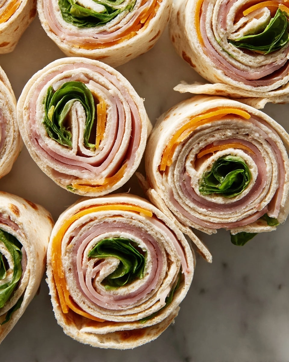 The image shows several pinwheel sandwich rolls neatly arranged on a white marbled surface. Each roll has multiple visible layers starting with a light beige tortilla wrap on the outside, then a thin layer of orange cheddar cheese, followed by light pink slices of ham, and a fresh green leafy spinach in the center. The rolls are tightly rolled with clear spiral patterns from the rolled layers of each ingredient. The texture of the tortilla is slightly soft with small browned spots, and the leaves look crisp and fresh. photo taken with an iphone --ar 4:5 --v 7