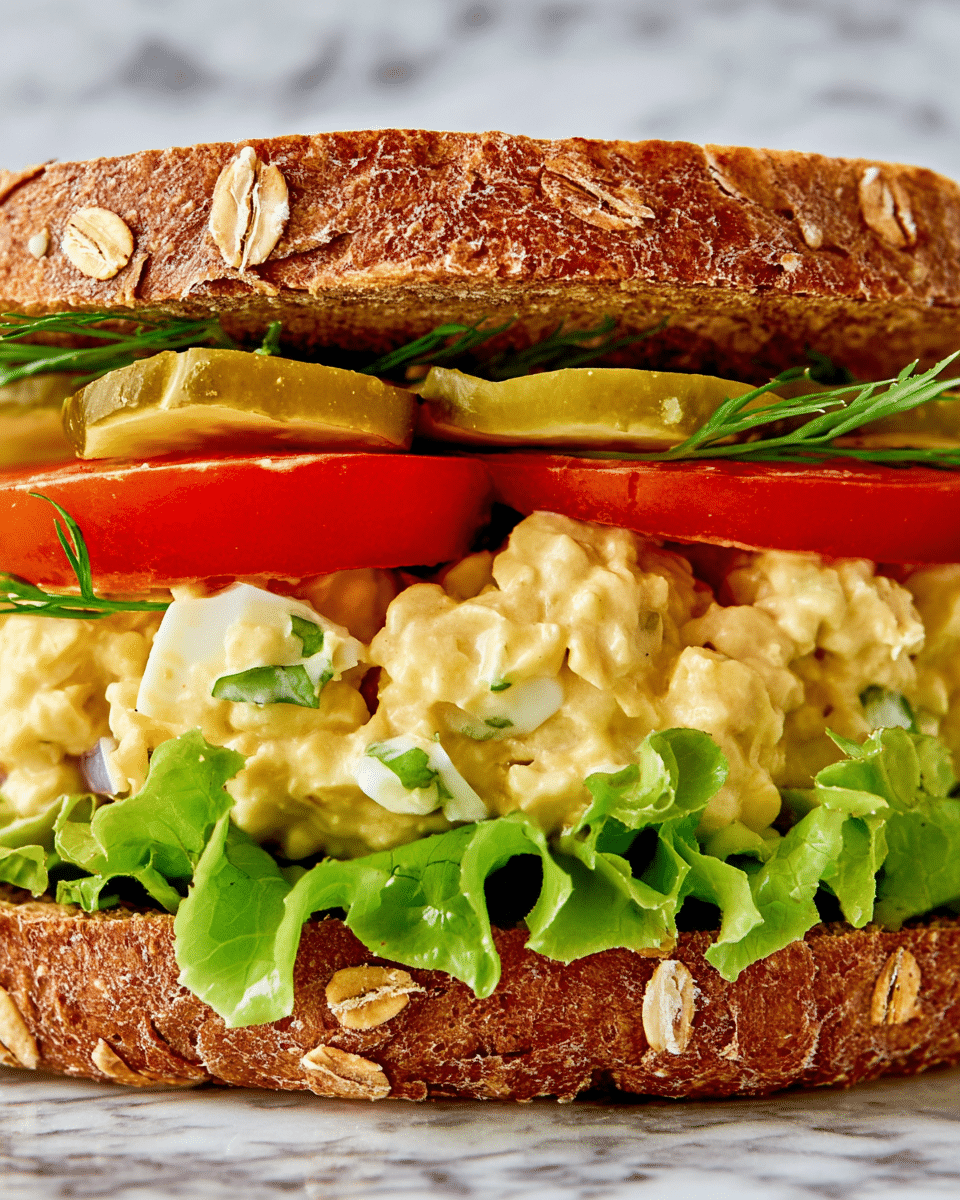 A close-up view of a sandwich showing five clear layers: the top layer is a toasted, golden-brown oat bread with small oat flakes on it; beneath it are two thick, bright red slices of fresh tomato; next is a chunky, creamy egg salad mixed with small bits of green celery and fresh dill herbs; underneath the egg salad is crisp, green lettuce with visible veins; and the bottom layer is the matching slice of toasted oat bread. The sandwich is set against a white marbled texture. Photo taken with an iphone --ar 4:5 --v 7