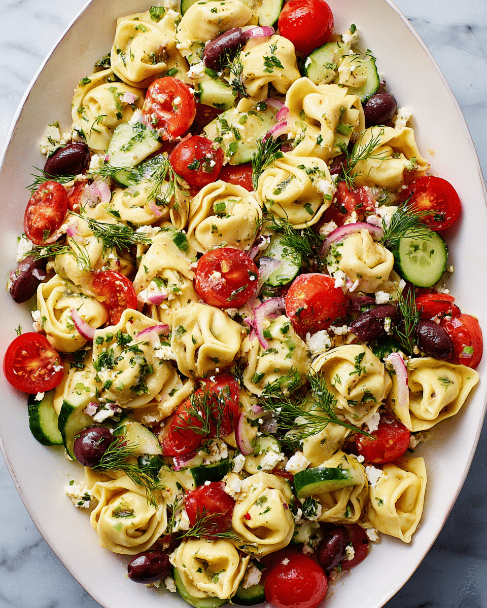 A large white oval plate filled with three layers of fresh pasta tortellini that are pale yellow in color with soft, folded shapes. Mixed in are bright red cherry tomatoes, both whole and halved, stacked on top and between the pasta layers. There are also green cucumber slices with a slightly translucent texture, purple-black olives cut in halves or quarters, and small chunks of white feta cheese sprinkled evenly throughout. The dish is finished with fresh green dill sprigs scattered over the top, all placed against a white marbled textured surface. photo taken with an iphone --ar 4:5 --v 7