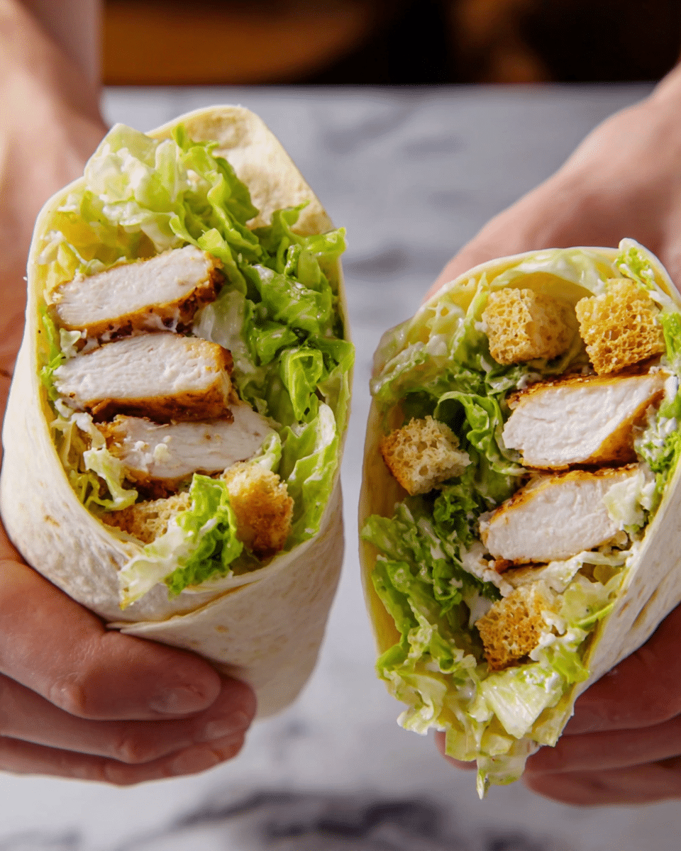 A close-up of two green spinach wraps stacked on a wooden board, each cut in half revealing the inside layers: the outer bright green wrap, next a layer of green fresh lettuce with crisp texture, then pieces of white and light brown cooked chicken, golden brown croutons, and a creamy light brown sauce dripping slightly. The background is a white marbled texture. photo taken with an iphone --ar 4:5 --v 7