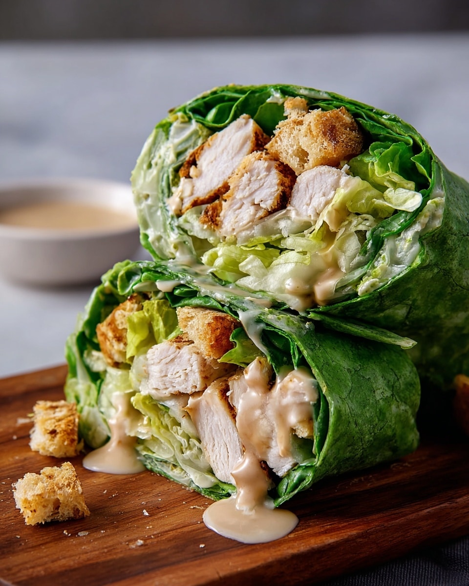 Two halves of a wrap are held by a pair of hands, showing the inside clearly. Each wrap is made with a soft, light beige tortilla as the base, filled with bright green leafy lettuce, crispy golden brown croutons, and thick pieces of white grilled chicken with a browned edge. The textures contrast with the tender chicken, crunchy croutons, and fresh lettuce. The background is a white marbled surface, providing a clean and bright setting. photo taken with an iphone --ar 4:5 --v 7