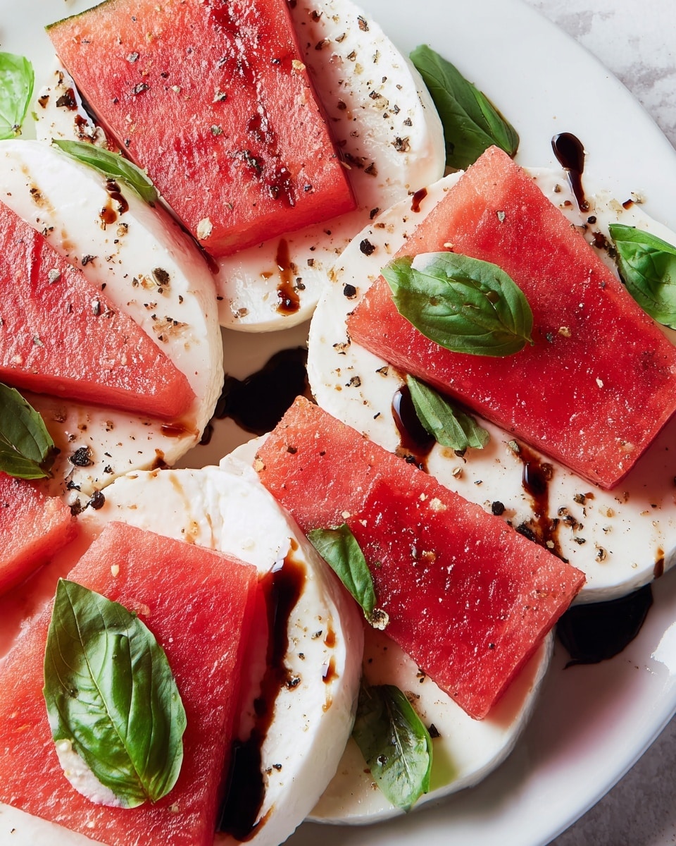 The dish shows several slices of white mozzarella cheese, each topped with a rectangular piece of bright red watermelon, and a single fresh green basil leaf placed between the two layers. The cheese has a smooth, firm texture, while the watermelon looks juicy with a slightly grainy surface. There are small drops of dark balsamic glaze drizzled over the cheese, watermelon, and basil, along with a light sprinkling of cracked black pepper. All the ingredients are arranged closely together on a white plate that sits on a white marbled surface. photo taken with an iphone --ar 4:5 --v 7