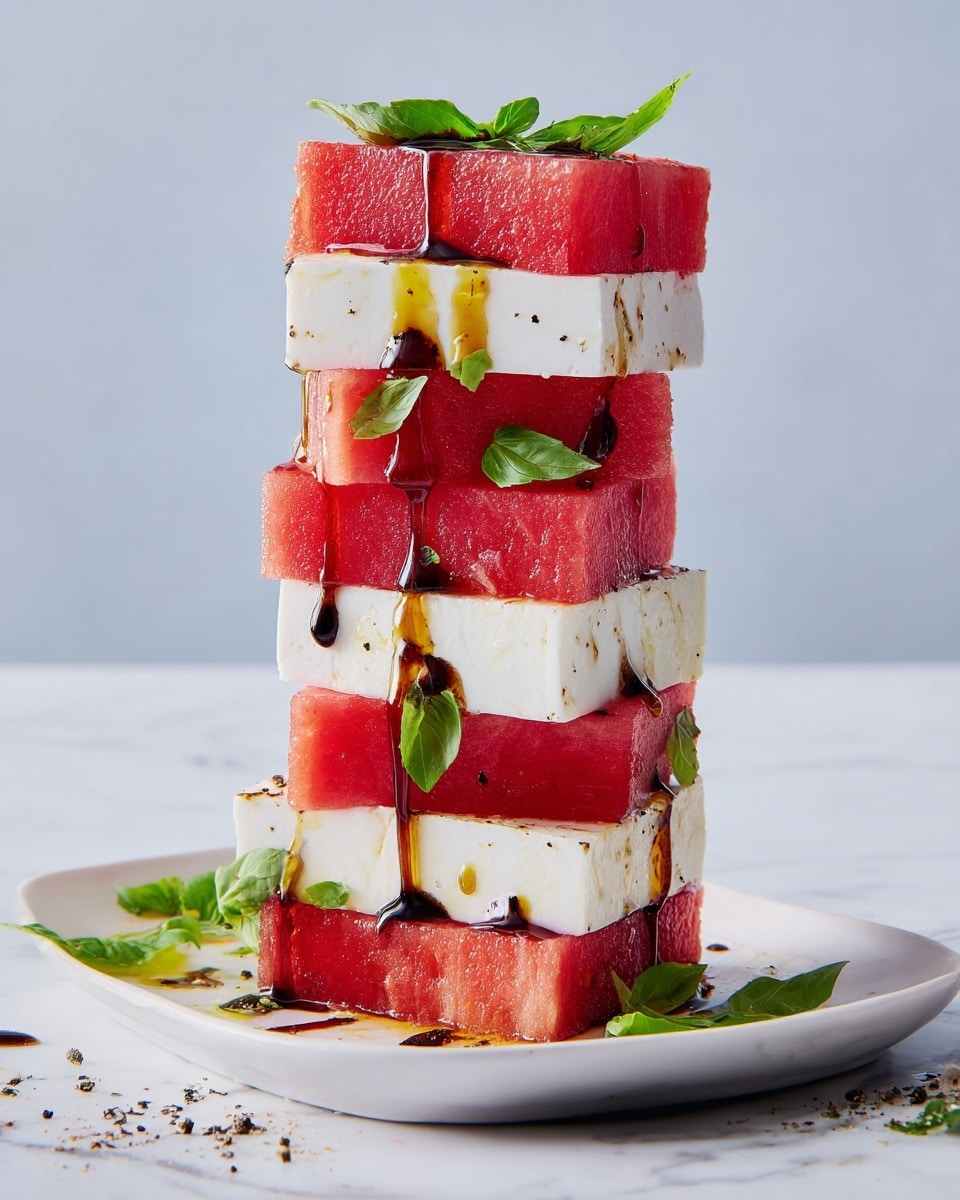 The image shows a tall stack of alternating layers of red watermelon and white feta cheese, totaling six layers, starting with watermelon at the bottom. Small green basil leaves are placed between some layers, with drops of golden olive oil and dark balsamic glaze drizzled over the stack, making it shiny. The tower sits on a white plate on a white marbled surface, with some cracked black pepper and basil leaves scattered around. The background is a plain light blue-gray color. Photo taken with an iphone --ar 4:5 --v 7