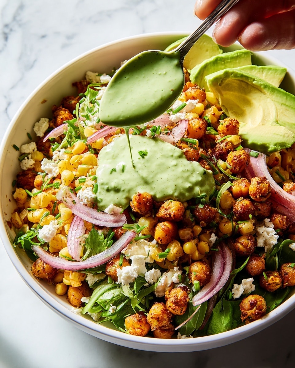 A white bowl filled with a colorful salad sits on a white marbled texture. The bottom layer consists of roasted chickpeas, golden brown with a crispy texture, mixed with chunks of yellow corn and slices of red onion. Above this, there are creamy white crumbles of cheese spread unevenly across the salad. Bright green cilantro leaves and chopped chives are scattered throughout, adding vibrant green hues. On top, slices of pale green avocado are placed near the edges. A spoon held by a woman’s hand drizzles a thick, light green creamy dressing over the salad, creating a fresh and appetizing look. Photo taken with an iphone --ar 4:5 --v 7