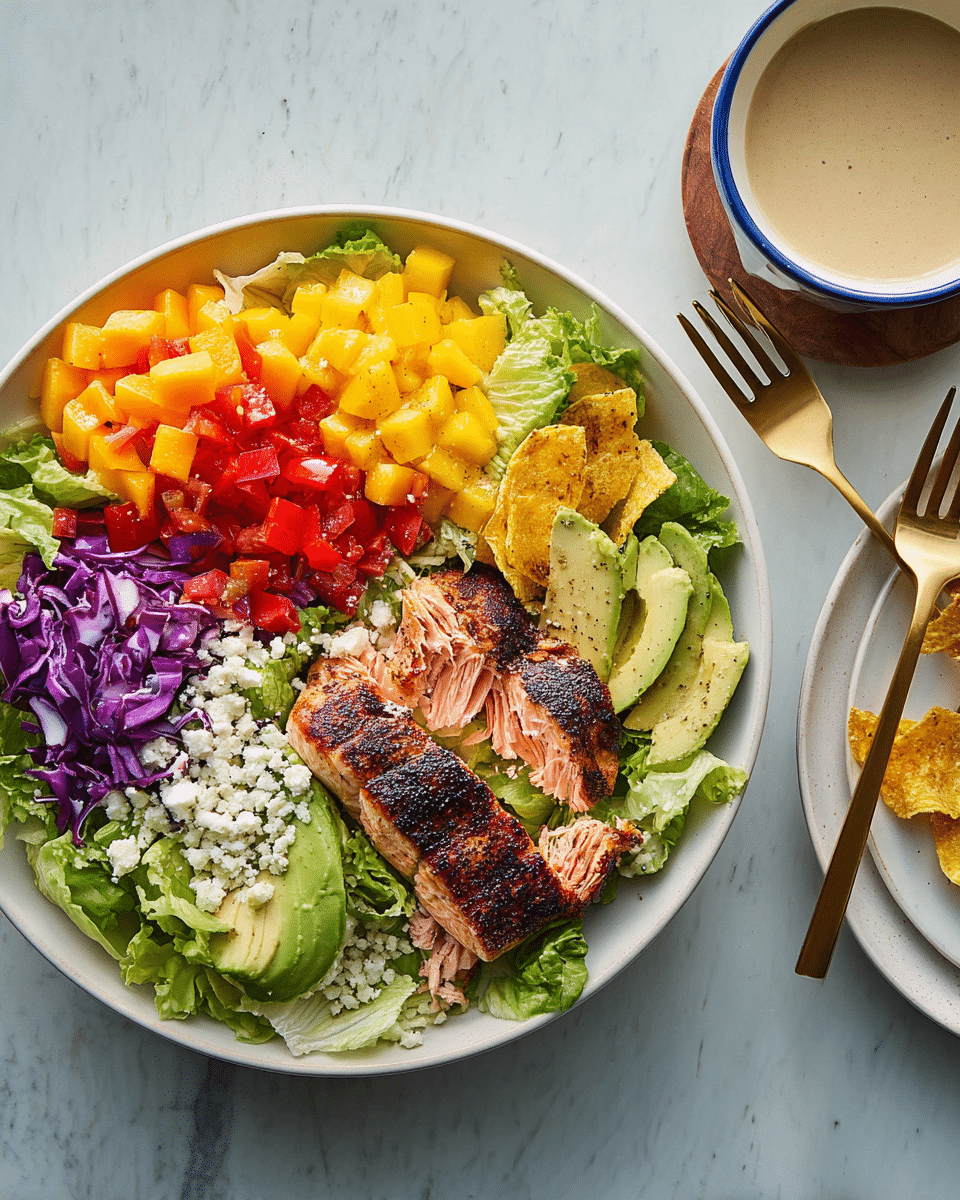 A large white bowl filled with multiple colorful salad layers, starting with a base of mixed green lettuce leaves. On top of the lettuce, there are bright orange mango cubes on the left, bright red chopped bell peppers near the center, and purple cabbage cubes to the right. A piece of grilled salmon with a dark charred crust is placed in the middle, slightly sliced to show pink flesh inside. Fresh avocado slices in a bright green shade are layered near the bottom right. Crumbled white cheese is sprinkled across the salad, with a few crispy light yellow plantain chips scattered on top. A gold fork and spoon rest on the right edge of the bowl. To the right of the bowl, a white bowl with a thin dark blue rim holds a creamy light brown dressing. The whole scene is set on a white marbled surface. Photo taken with an iphone --ar 4:5 --v 7