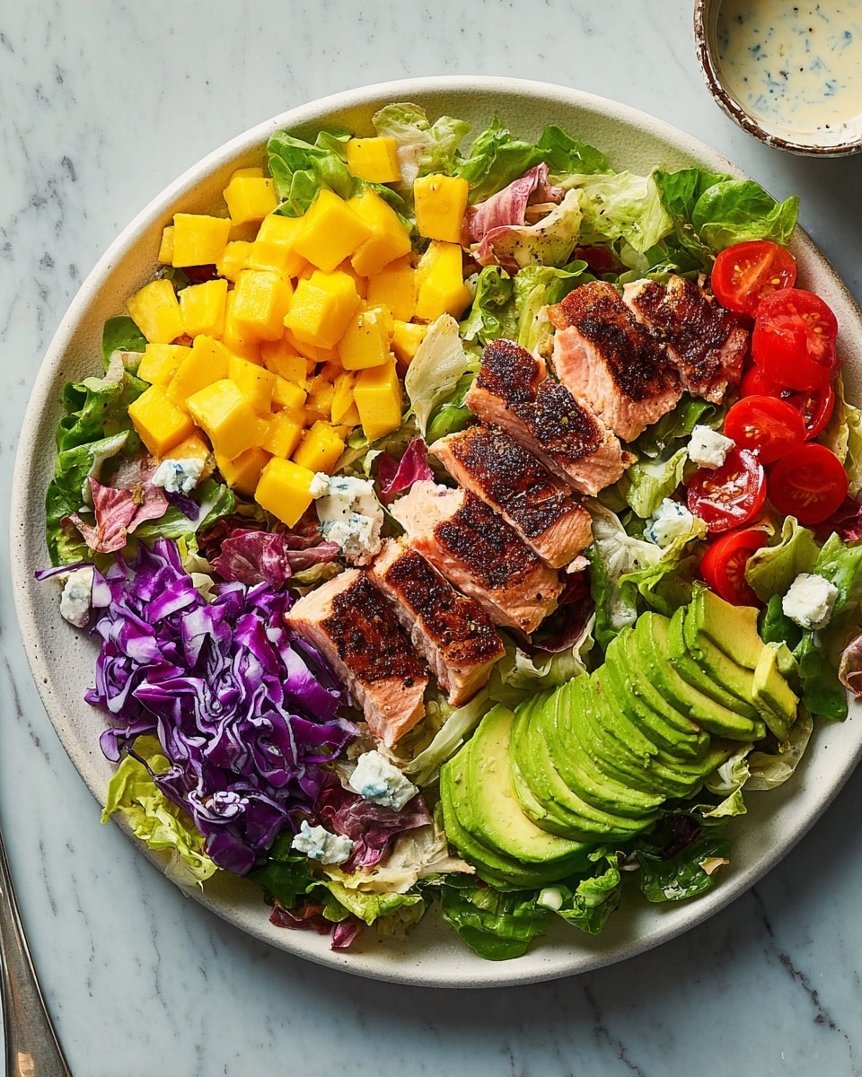 The image shows a colorful salad arranged on a white plate, placed on a white marbled surface. The base layer is made of fresh green lettuce and romaine leaves with some pieces of purple cabbage on the side. On top of this is a vibrant layer of cubed bright yellow mango pieces on the left, and several thin slices of green avocado on the right. In the middle, there are slices of grilled salmon with a dark brown, slightly charred crust and a tender pink inside. Scattered around the salad are small pieces of white cheese, and thin slices of red cherry tomatoes appear near the top. The entire dish is lightly drizzled with a creamy dressing, giving a slightly glossy texture. photo taken with an iphone --ar 4:5 --v 7