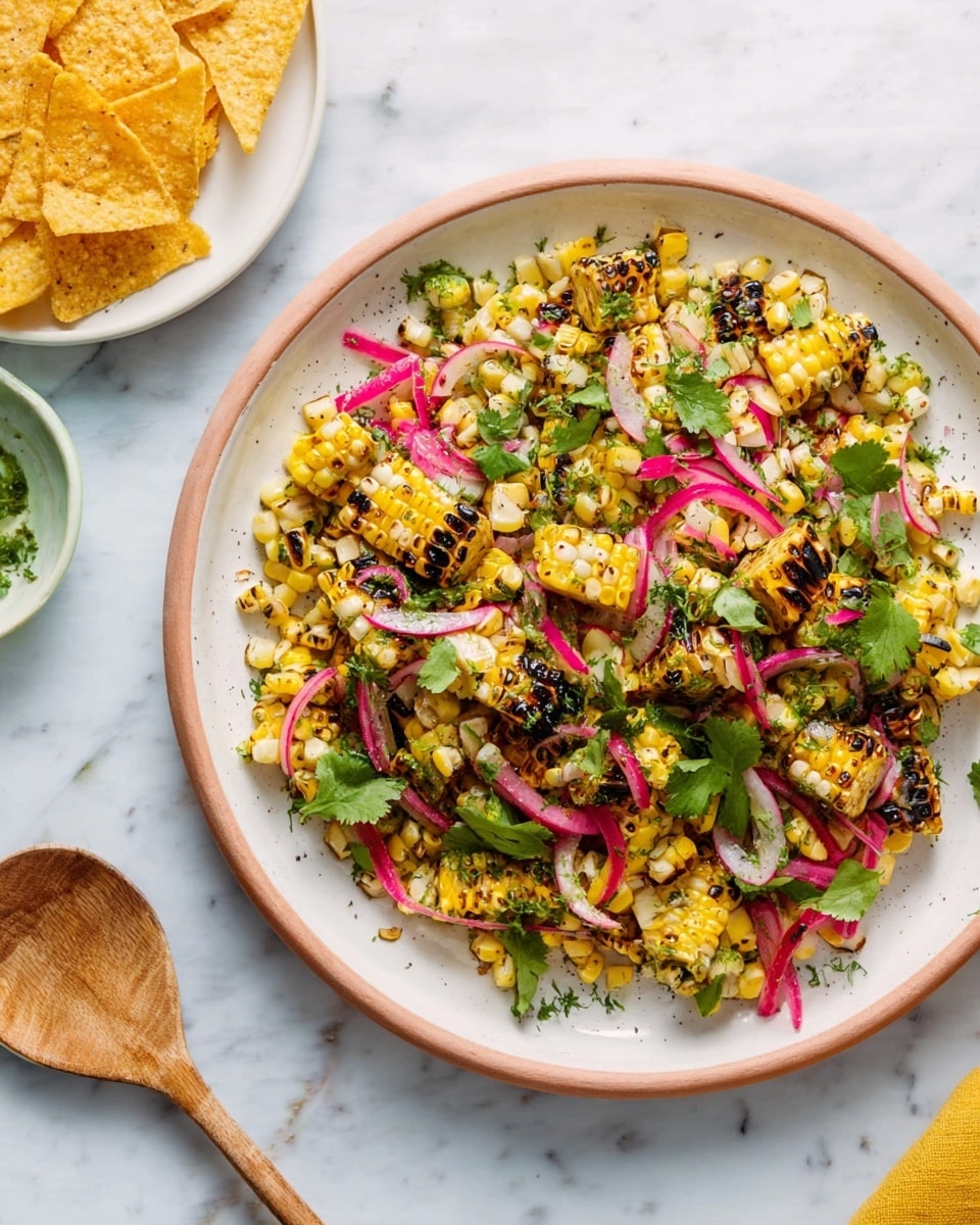 A white plate filled with a colorful salad made of grilled yellow corn cut into small chunks with some charred marks, bright pink pickled onion slices scattered throughout, and fresh green cilantro leaves layered on top, all mixed with small bits of green herbs and seasoning sprinkled evenly. The plate sits on a white marbled surface. Nearby, there is a wooden spoon with some salad on it and a white plate with tortilla chips in the background. Photo taken with an iphone --ar 4:5 --v 7