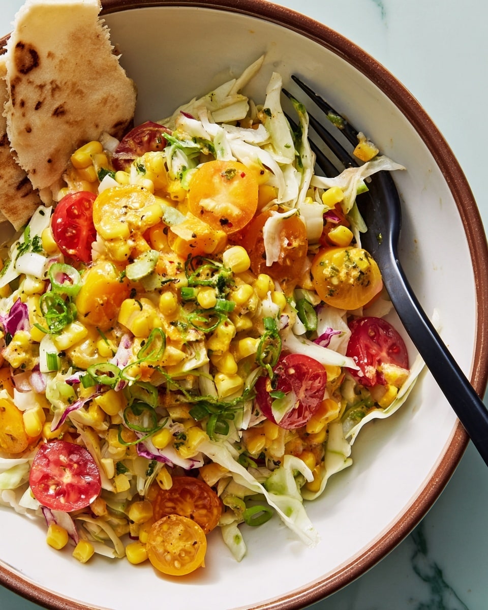 In a white shallow bowl with a brown rim, there is a colorful salad made of several layers: at the base, white shredded cabbage; scattered on top are bright yellow corn kernels still on small cob pieces and cubed yellow and orange vegetables, possibly bell peppers or squash. Red and yellow cherry tomato halves add contrast, mixed with small green onion slices. The texture looks fresh and crunchy with a slight gloss indicating a light dressing. A black fork is stuck into the salad with some ingredients caught on its tines, resting on the inner edge of the bowl. The bowl is placed on a white marbled surface with a piece of flatbread nearby. photo taken with an iphone --ar 4:5 --v 7