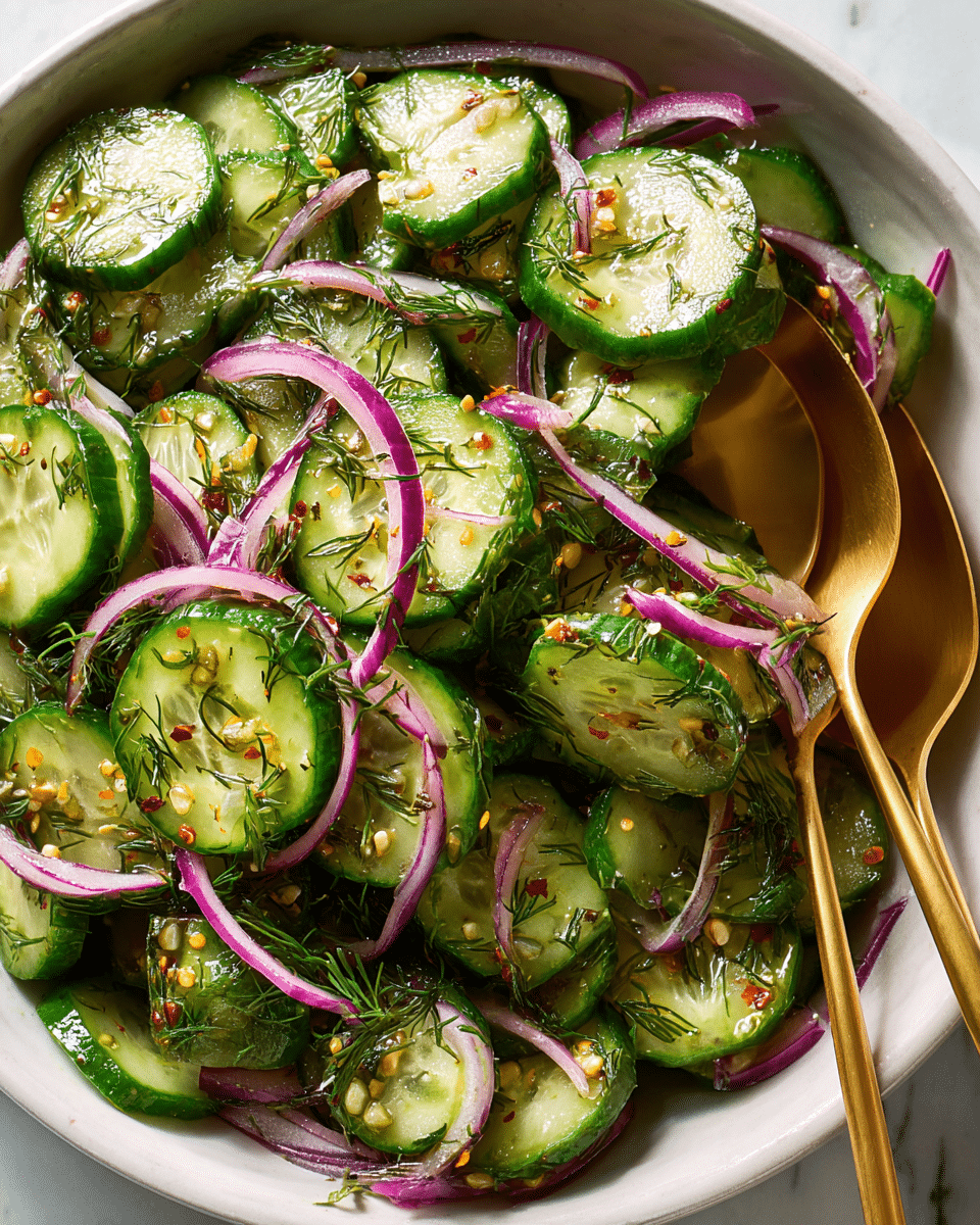 A close-up view of a cucumber salad with thick, green cucumber slices layered with thin, curved strips of purple-red onion scattered evenly throughout. Finely chopped dark green dill is sprinkled over the salad, along with small yellow mustard seeds and tiny red chili flakes adding texture and color. The salad glistens with a light, oily dressing, giving it a fresh and juicy look. Two shiny golden spoons rest among the salad on a white marbled surface. photo taken with an iphone --ar 4:5 --v 7