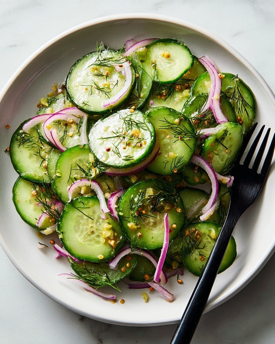 A white plate filled with a fresh cucumber salad showing about two layers of thin cucumber slices, each bright green with a glossy texture. Among the slices, thin strips of purple-red onion are scattered throughout, adding color contrast. Small yellow mustard seeds and green dill pieces are sprinkled evenly on top, giving a textured, slightly rough look. A black fork rests on the right side of the plate. The plate is set on a white marbled surface. Photo taken with an iphone --ar 4:5 --v 7