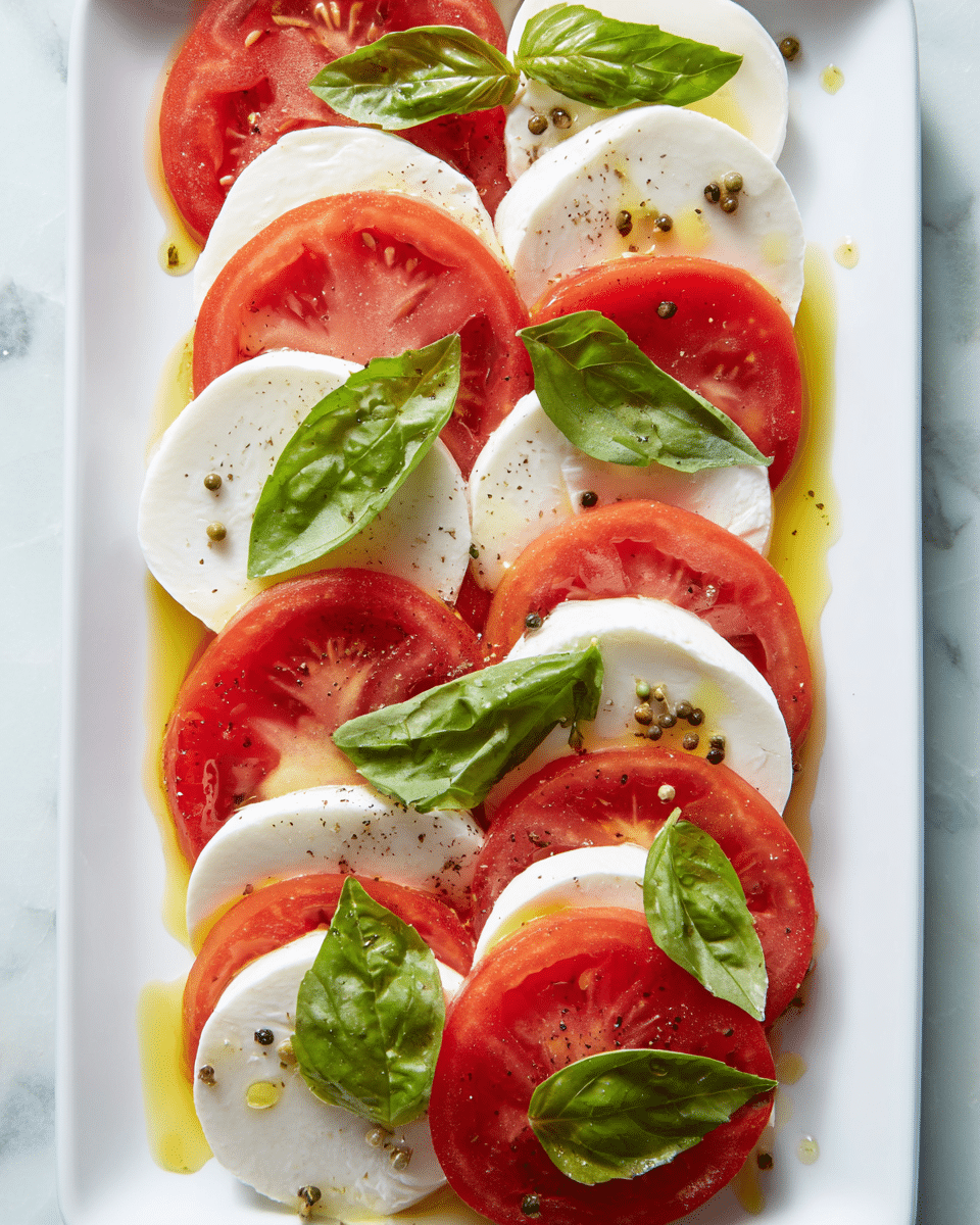 A white rectangular plate holds a Caprese salad made of alternating layers of round white mozzarella slices and bright red tomato slices, arranged in a neat pattern. Each mozzarella slice is smooth and creamy, while the tomato slices show seeds and a juicy texture. Bright green basil leaves are placed evenly on top and between the layers, adding a fresh touch. The salad is finished with small drops of yellow olive oil and a few black pepper grains sprinkled over for texture and color contrast. The plate sits on a white marbled surface. Photo taken with an iphone --ar 4:5 --v 7
