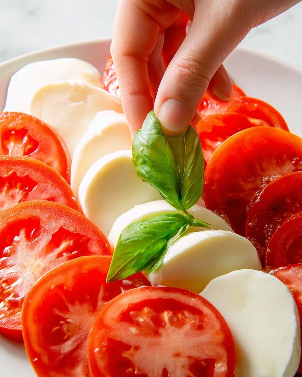 A close-up view of a Caprese salad showing two layers arranged alternatively: the first layer is bright red, juicy tomato slices placed flat, and the second layer is smooth, white mozzarella cheese slices shaped in similar sizes, each mozzarella slice positioned next to a tomato slice. A woman's hand is gently placing a fresh, vibrant green basil leaf on top of the tomato slice near the center of the image. The dish is on a white plate set on a white marbled surface, highlighting the fresh colors and textures of the ingredients. photo taken with an iphone --ar 4:5 --v 7