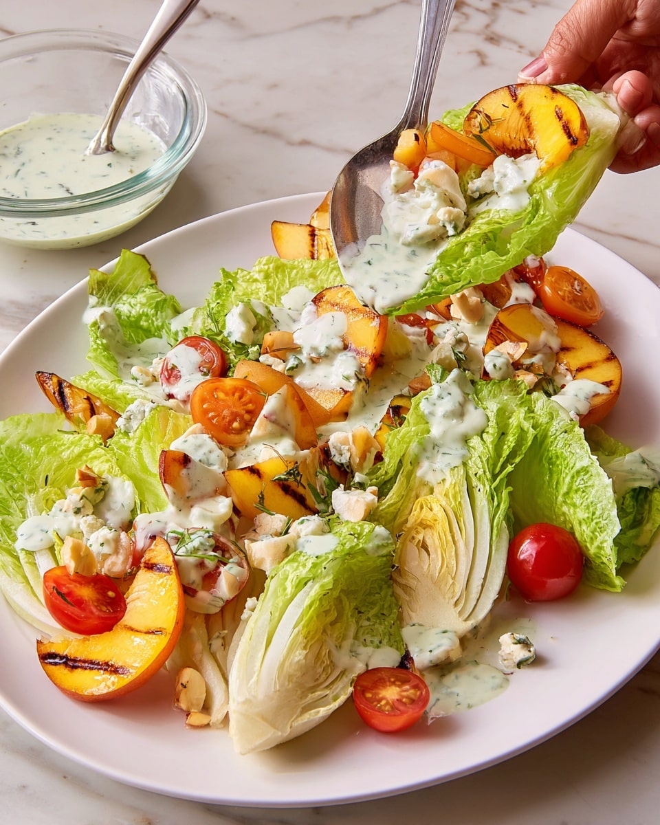 A white plate holds a salad with several layers: the base layer is fresh green iceberg lettuce cut into wedges showing light green and white textures; scattered on top are grilled peach slices with char marks and a golden-brown color; halved red and yellow cherry tomatoes add pops of color; dollops of creamy white blue cheese are spread around, followed by small pieces of light brown toasted hazelnuts. A creamy white dressing with green herbs is generously drizzled over everything, and a metal serving spoon with a woman's hand holding a wedge of salad topped with peach and dressing is above the plate. In the background, there is a small glass bowl of the same creamy dressing. All is set on a white marbled surface, photo taken with an iphone --ar 4:5 --v 7
