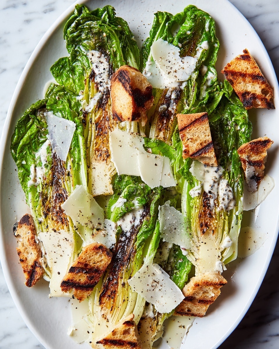 This dish shows a white oval plate on a white marbled surface, holding grilled romaine lettuce halves with fresh green leaves and slightly charred edges. There are several irregular pieces of toasted bread with golden brown and blackened spots scattered on top and around the lettuce. Thin, wide shavings of pale off-white cheese are spread over the lettuce and bread. A creamy white dressing is drizzled lightly across the salad, and a sprinkle of coarse black pepper adds texture and shows on top of the cheese and dressing. photo taken with an iphone --ar 4:5 --v 7