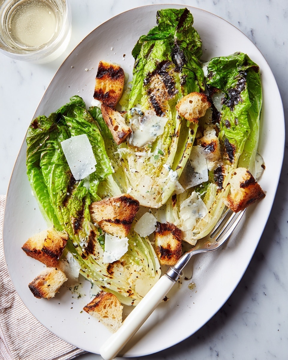 A white oval plate sits on a white marbled surface, holding two halves of grilled romaine lettuce with char marks, giving the green leaves a slightly wilted but fresh look with some dark brown crispy edges. Scattered across and under the lettuce are several small, irregular pieces of toasted bread with dark grill lines and crunchy texture. Light cream-colored dressing is drizzled lightly over the lettuce and bread, and thin slices of pale off-white cheese flakes are sprinkled on top. A white-handled fork and knife rest on the plate, with the fork’s prongs piercing one piece of the lettuce. In the top left corner, a glass with a light beverage is partially visible. photo taken with an iphone --ar 4:5 --v 7