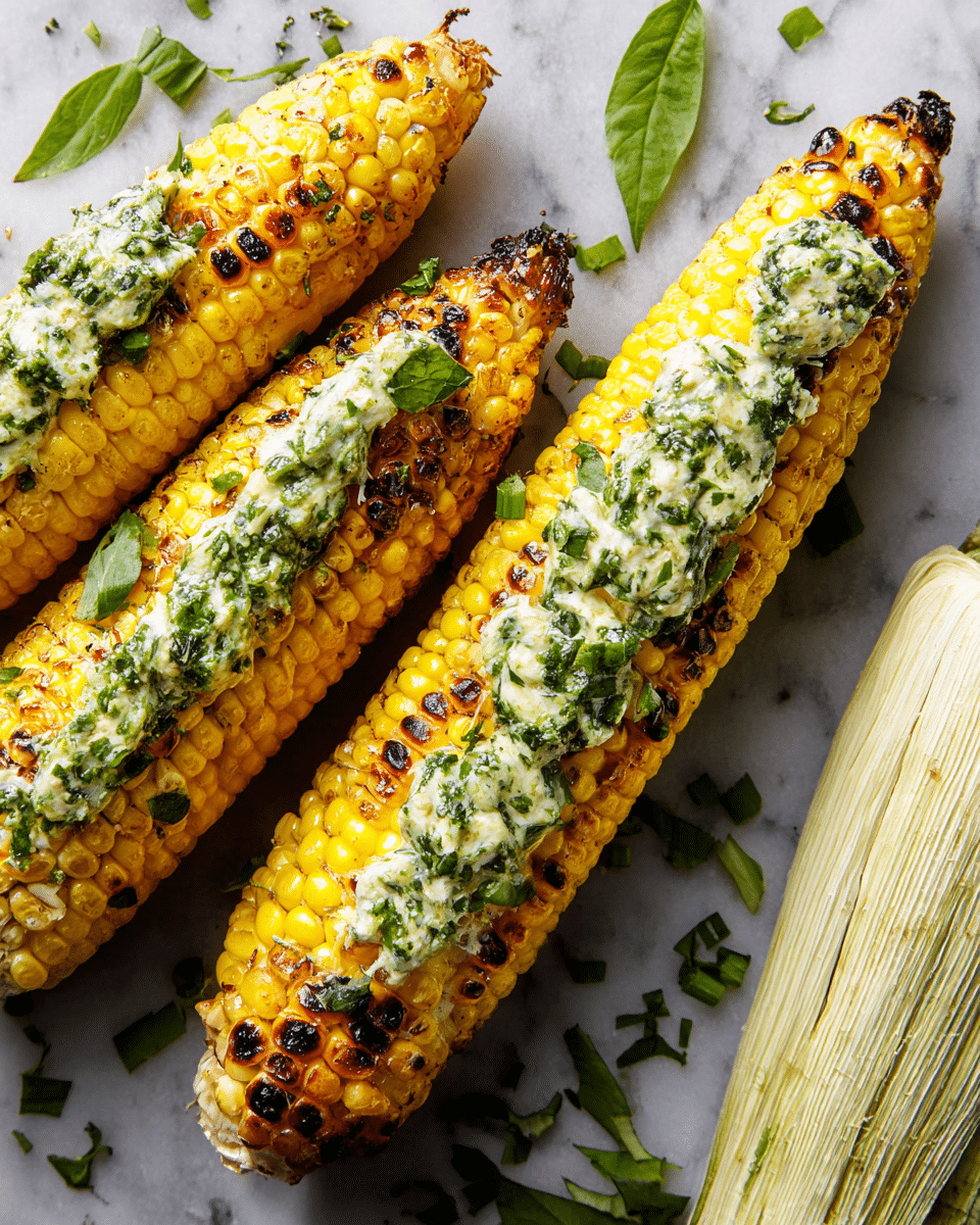 Three grilled corn cobs lay on a white marbled surface, each with bright yellow kernels charred in spots. On top of each cob is a thick layer of herb butter, pale green with small darker green bits of parsley or cilantro mixed in, melting into the warm corn. Scattered around are fresh green herb leaves adding a fresh touch. A small part of a white corn husk is visible on the right side, showing a natural texture. Photo taken with an iphone --ar 4:5 --v 7