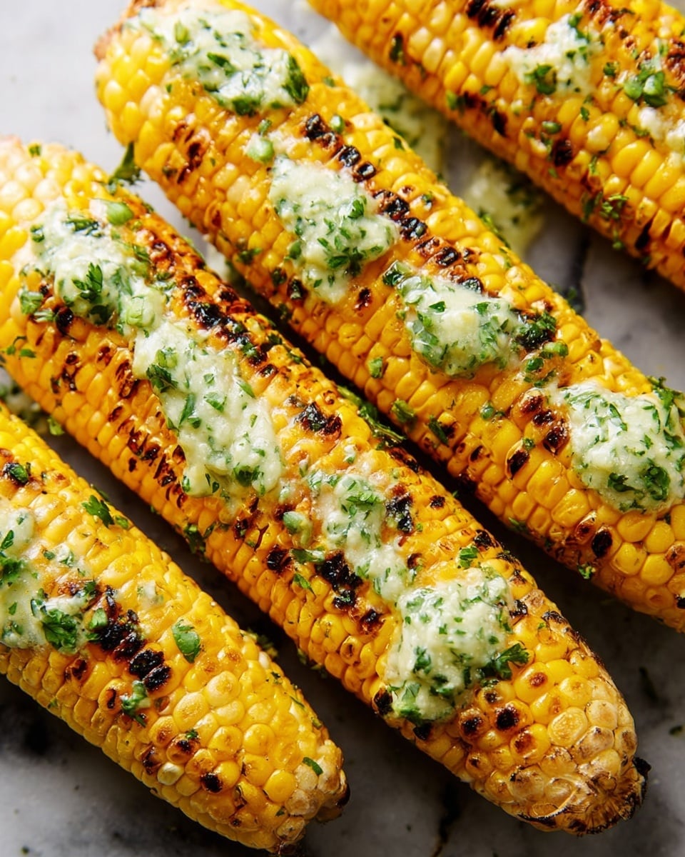 Several grilled corn on the cob ears are shown close-up, each wrapped in bright yellow kernels with some charred black spots for texture. A creamy green herb butter sauce is spread unevenly over the top of each ear, with small bits of herbs visible inside the sauce. The corn is placed on a white marbled surface, which contrasts with the warm yellow and green colors of the corn and butter. The scene is bright with the small melted butter puddles adding shine and richness. photo taken with an iphone --ar 4:5 --v 7