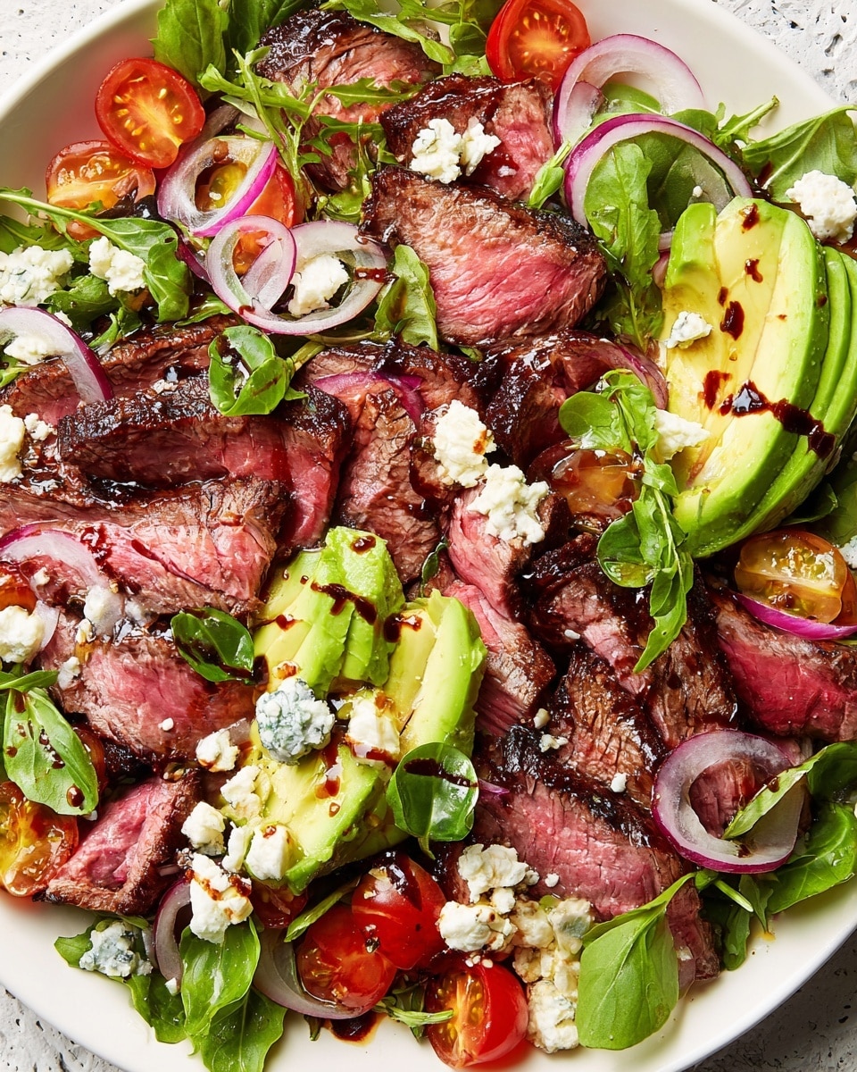 This dish shows thick slices of medium-rare steak as the main layer, with a pink center and charred brown edges, spread across a white plate. There is a layer of thinly sliced avocado on one side, light green with a smooth texture, topped with dark balsamic drizzle lines. Scattered around are halved bright red cherry tomatoes and pieces of crumbled blue cheese, white with blue veins, adding texture. Thin rings of cooked red onion with a soft shiny look are placed on top and throughout the salad. Mixed green leaves like arugula and basil, fresh and vibrant, fill the gaps, creating a colorful and fresh feel. The whole dish is lightly drizzled with a glossy dressing. The dish is set on a white marbled textured surface. photo taken with an iphone --ar 4:5 --v 7