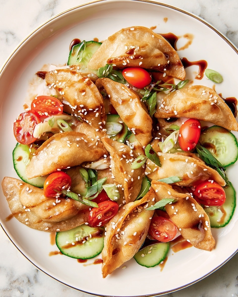 A white plate holds eight golden-brown fried dumplings arranged in a scattered, slightly overlapping pattern. Between and under them are bright green cucumber slices, small red tomato wedges, and thin slices of green onion, adding fresh color. A dark glossy sauce is drizzled in stripes over the dumplings, and white sesame seeds are sprinkled on top. The plate rests on a white marbled surface. photo taken with an iphone --ar 4:5 --v 7