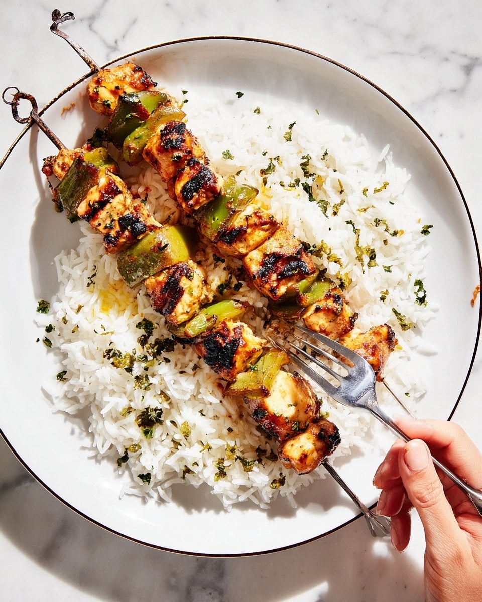 The image shows a white plate with a thin black rim, placed on a white marbled surface. On the plate, there is a bed of white rice with small green herb pieces scattered on top. Two metal skewers rest on the rice, each loaded with grilled chunks of orange and brown marinated chicken and bright green bell pepper pieces. The chicken pieces have a grilled texture with some charred spots. A woman's hand is holding a fork, spearing one piece of chicken from the skewer. The scene is bright and clear, highlighting the textures and colors of the food. photo taken with an iphone --ar 4:5 --v 7