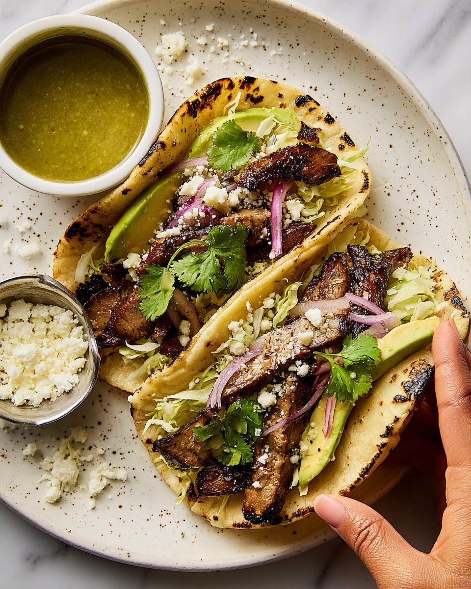 The image shows two small tortillas with visible grill marks, each filled with layers of grilled strips of dark brown meat, light green avocado slices at the bottom, shredded pale yellow lettuce, thin slices of purple onion, and sprinkled white cheese and fresh green cilantro leaves on top. One taco is being held by a woman's hand from the right side, with fingers gently gripping the tortilla. The tacos are placed on a large white plate with small speckles, which also holds a small white cup filled with green sauce on the upper left side and a small metal bowl with crumbly white cheese near the top center. The surface beneath the plate has a white marbled texture. Photo taken with an iphone --ar 4:5 --v 7